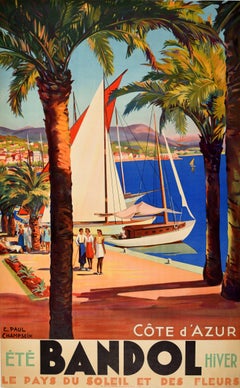 Original Vintage Travel Poster Bandol Cote d'Azur French Riviera Art Deco Design