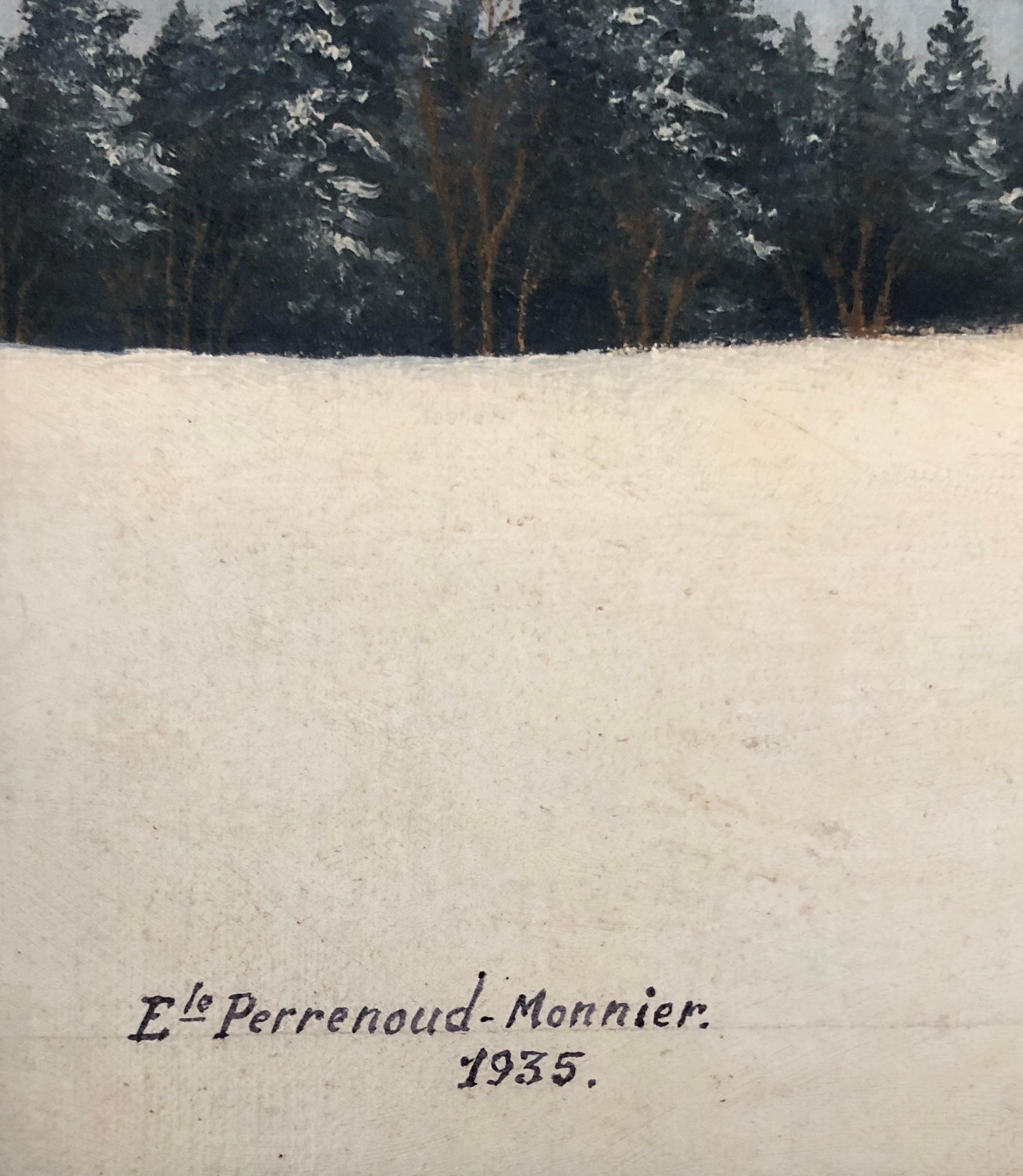 Snowy landscape - Blue Landscape Painting by E. Perrenoud -Monnier