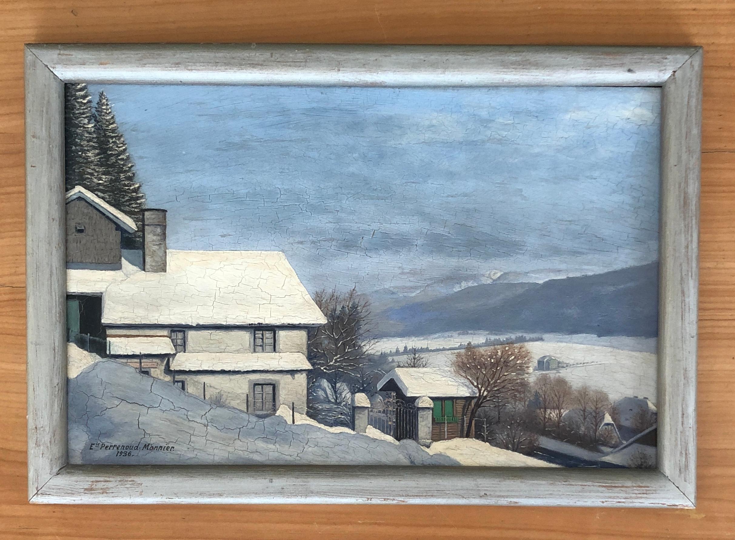 Town in winter - Painting by E. Perrenoud -Monnier