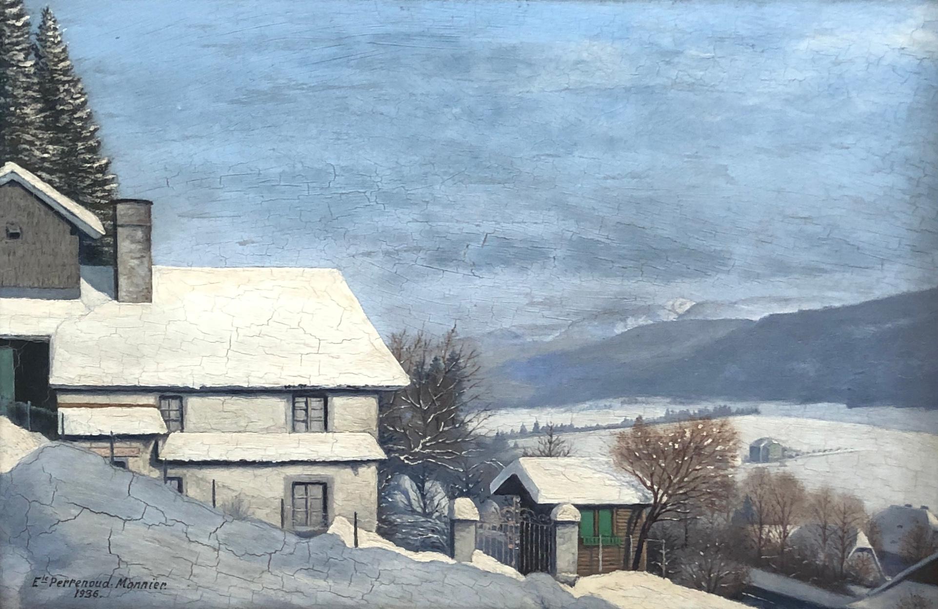 E. Perrenoud -Monnier Landscape Painting - Town in winter