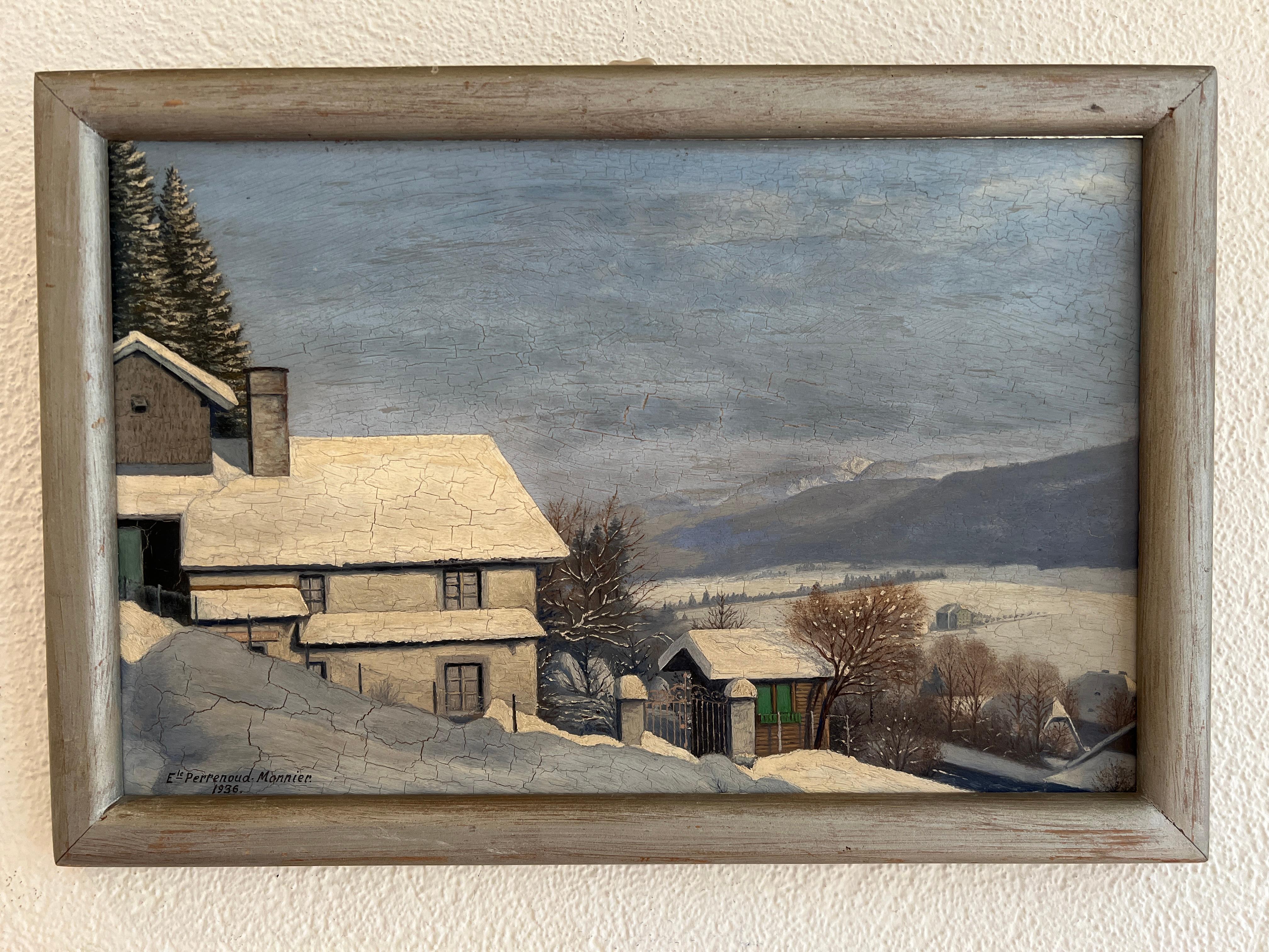 Village sous la neige - Painting de E. Perrenoud -Monnier