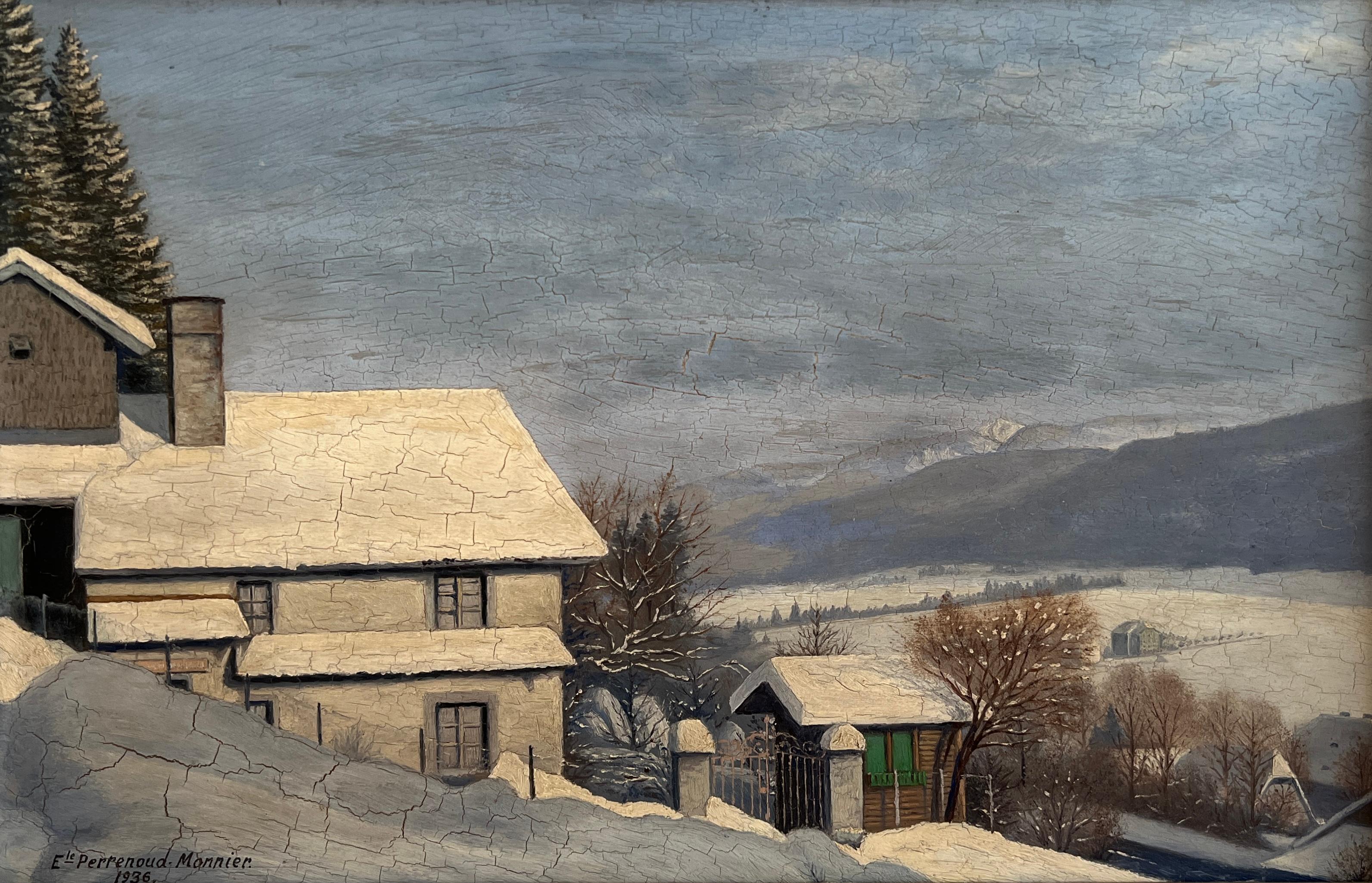 Landscape Painting E. Perrenoud -Monnier - Village sous la neige