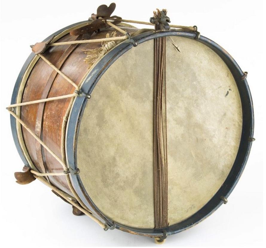 Presented is an original, painted Union Civil War military snare drum. The wooden body of the drum displays a glorious Union eagle. The eagle has a U.S. shield on its chest, outstretched wings, and is grasping an olive branch and arrows in its