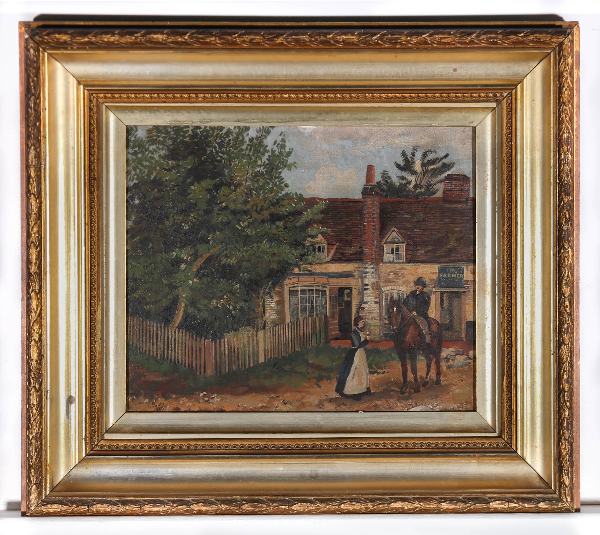 A charming Folk Art oil of the Farmer's Inn in Catherington, Hampshire. In the foreground we can see a young woman talking to a man on his horse as they walk away from the inn. The work has been signed and dated to the lower left and well presented