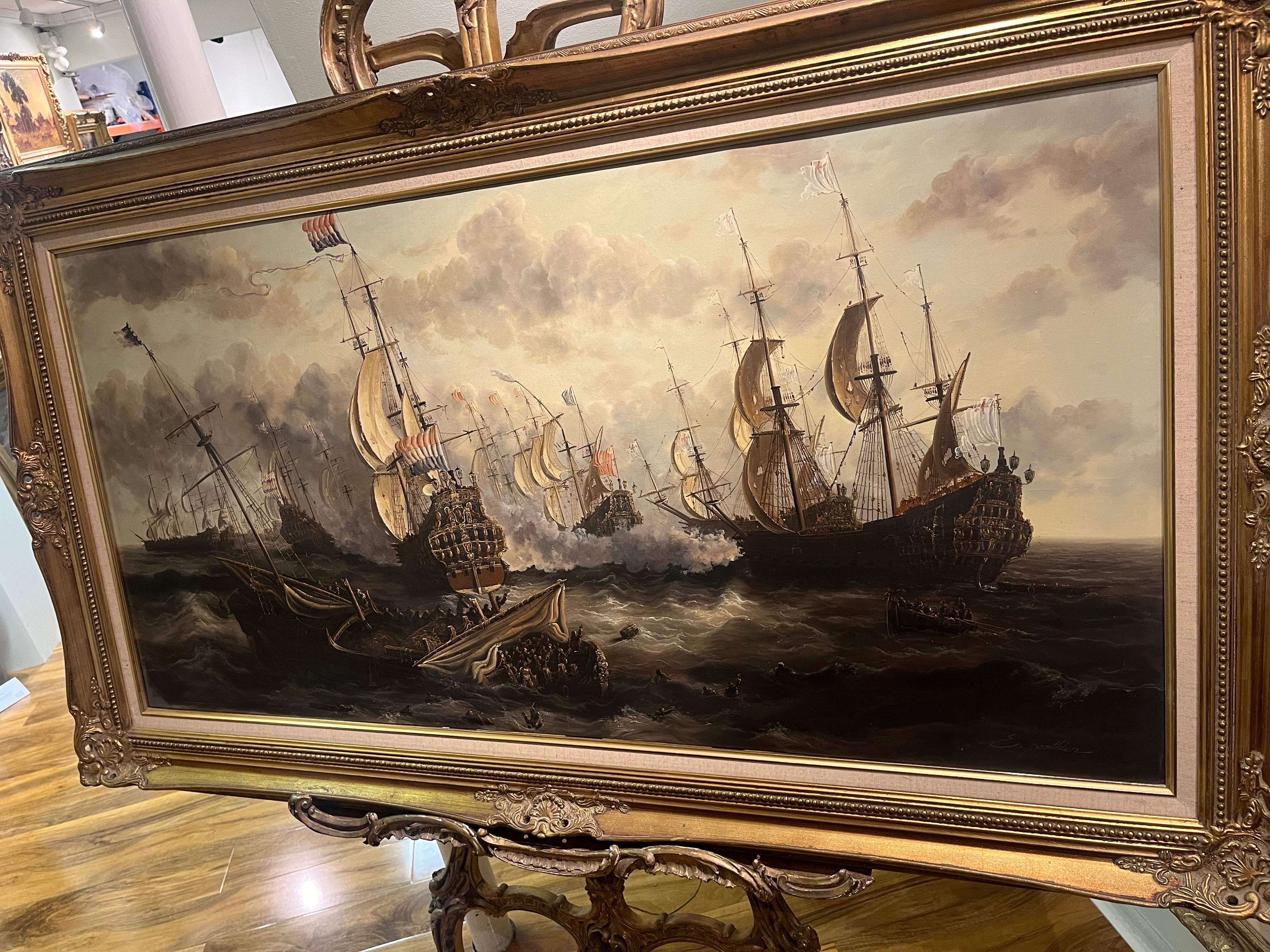 HUGE OIL PAINTING MARITIME SHIP MASTER PIECE 20th CENTURY NICE GOLD GILT FRAME For Sale 3