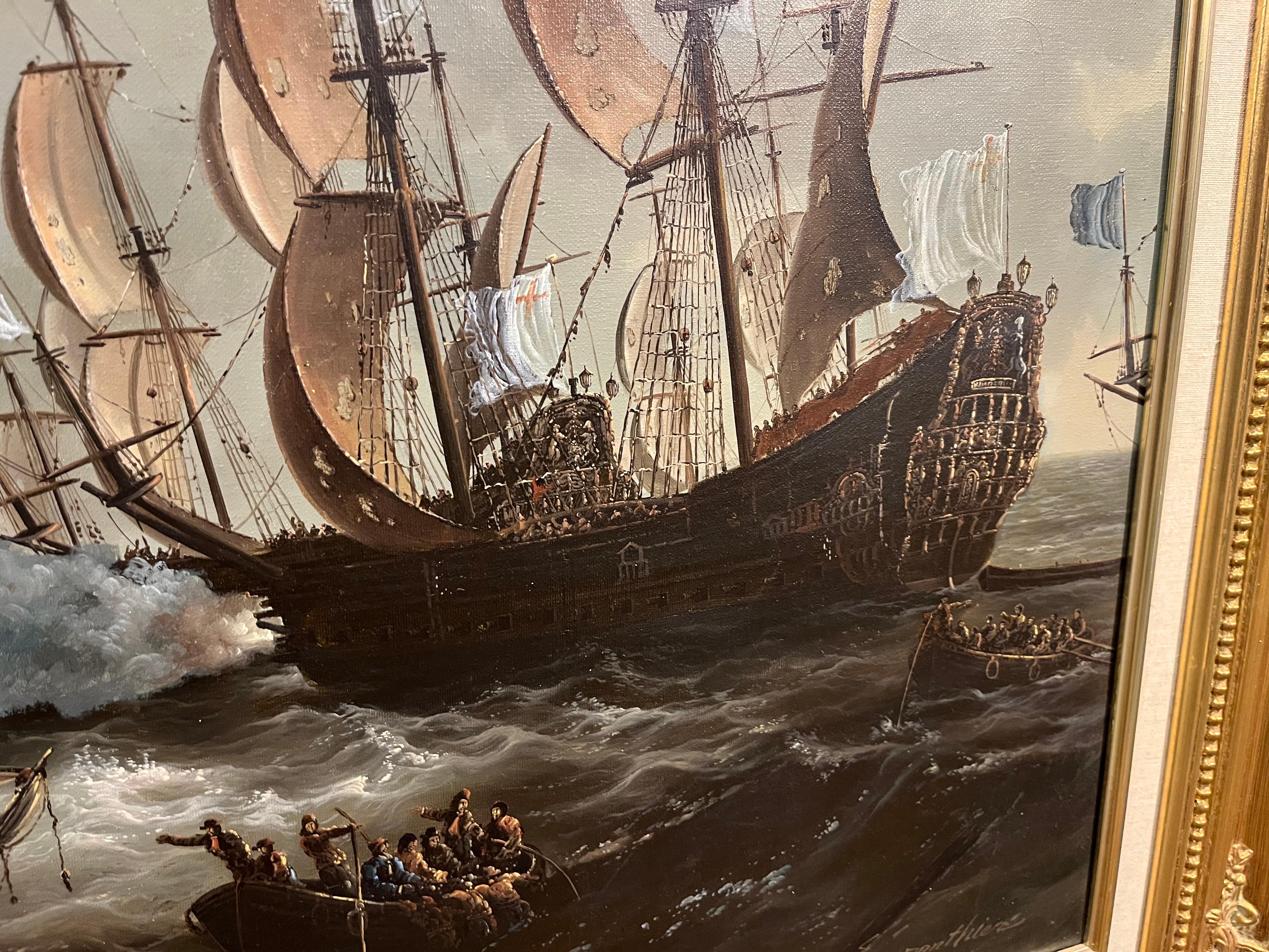 ENORME PINTURA AL ÓLEO DE BARCO MARÍTIMO Pieza maestra Siglo XX Bonito marco dorado dorado en venta 5