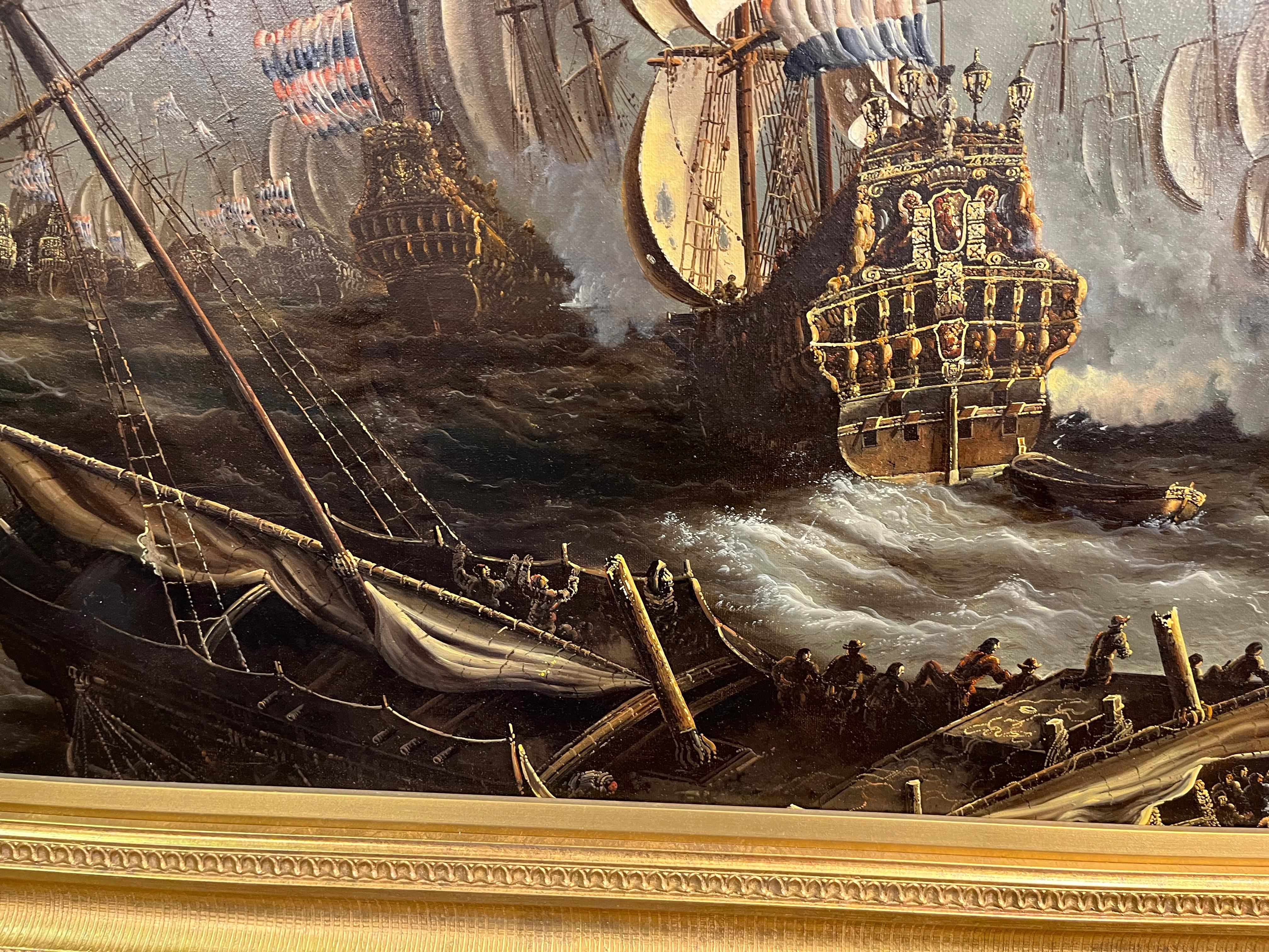 HUGE OIL PAINTING MARITIME SHIP MASTER PIECE 20th CENTURY NICE GOLD GILT FRAME 2
