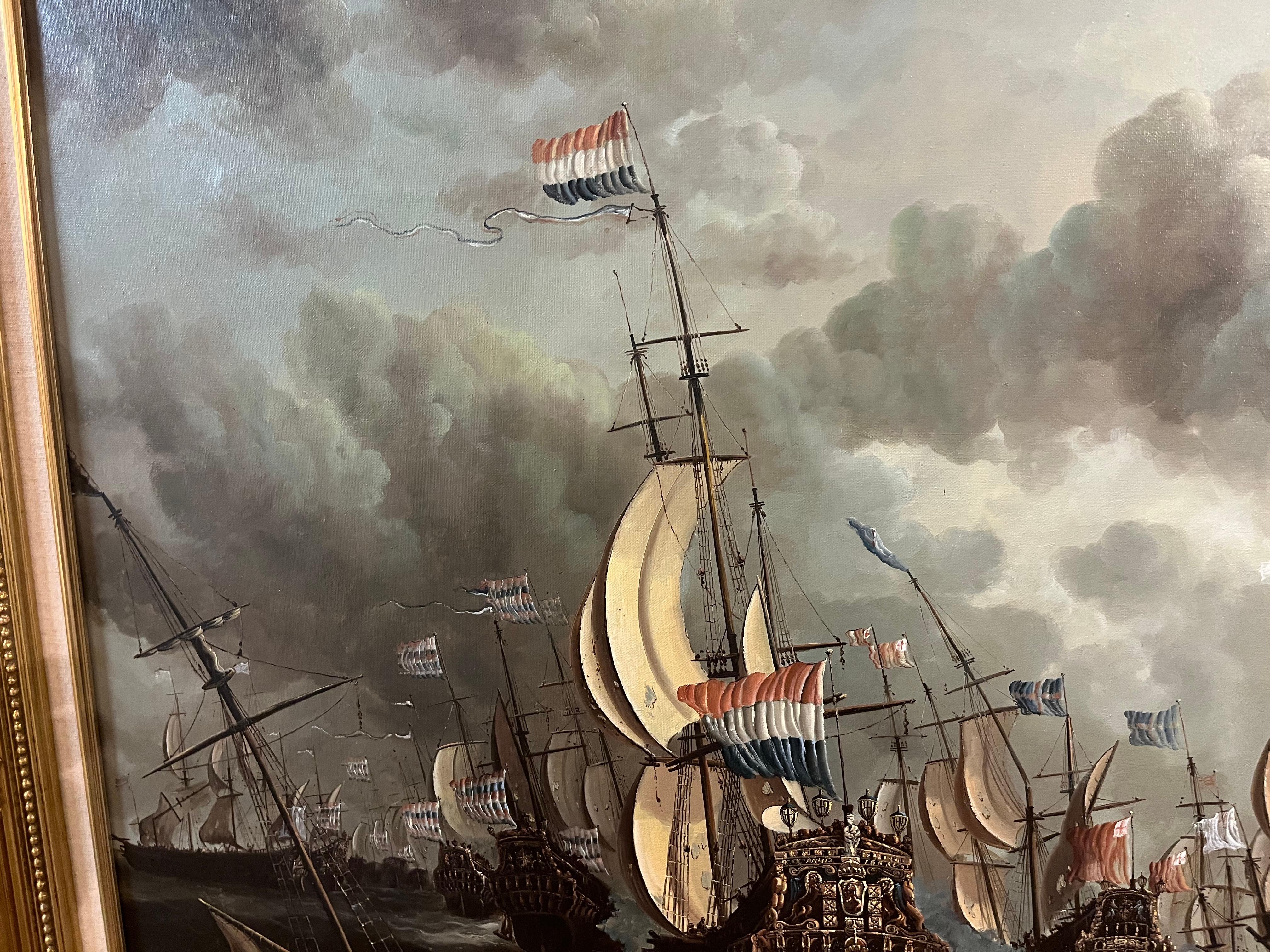 ENORME PINTURA AL ÓLEO DE BARCO MARÍTIMO Pieza maestra Siglo XX Bonito marco dorado dorado en venta 6