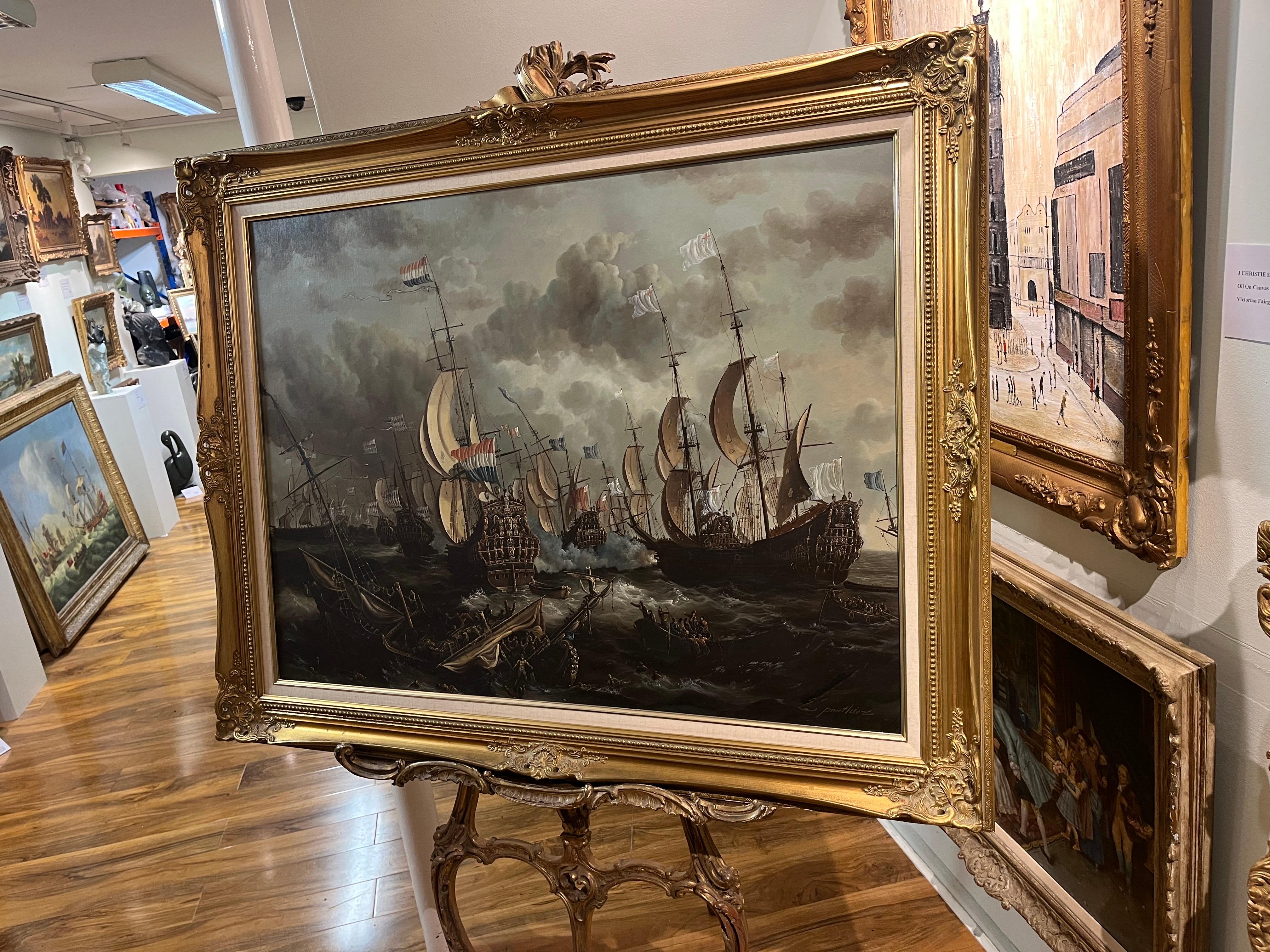 ENORME PINTURA AL ÓLEO DE BARCO MARÍTIMO Pieza maestra Siglo XX Bonito marco dorado dorado en venta 7