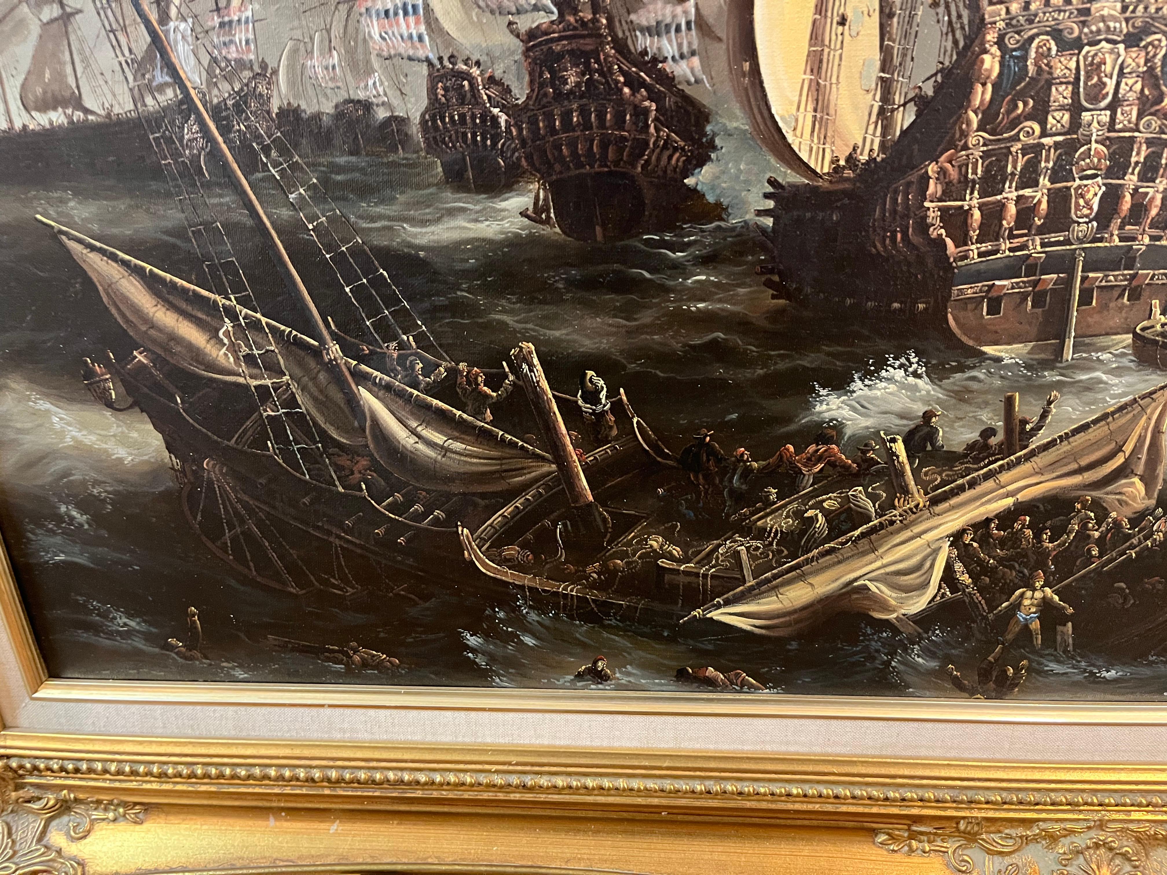 ENORME PINTURA AL ÓLEO DE BARCO MARÍTIMO Pieza maestra Siglo XX Bonito marco dorado dorado en venta 8