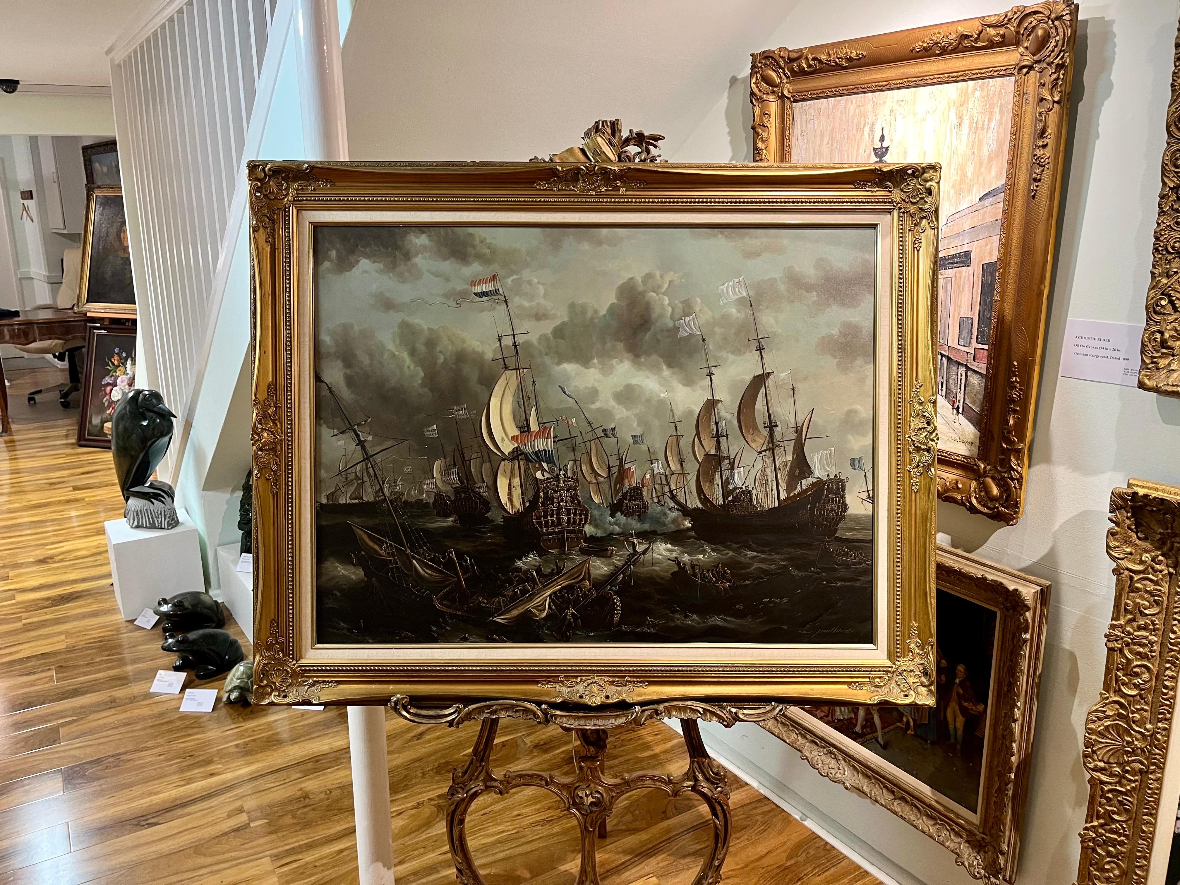 ENORME PINTURA AL ÓLEO DE BARCO MARÍTIMO Pieza maestra Siglo XX Bonito marco dorado dorado en venta 9