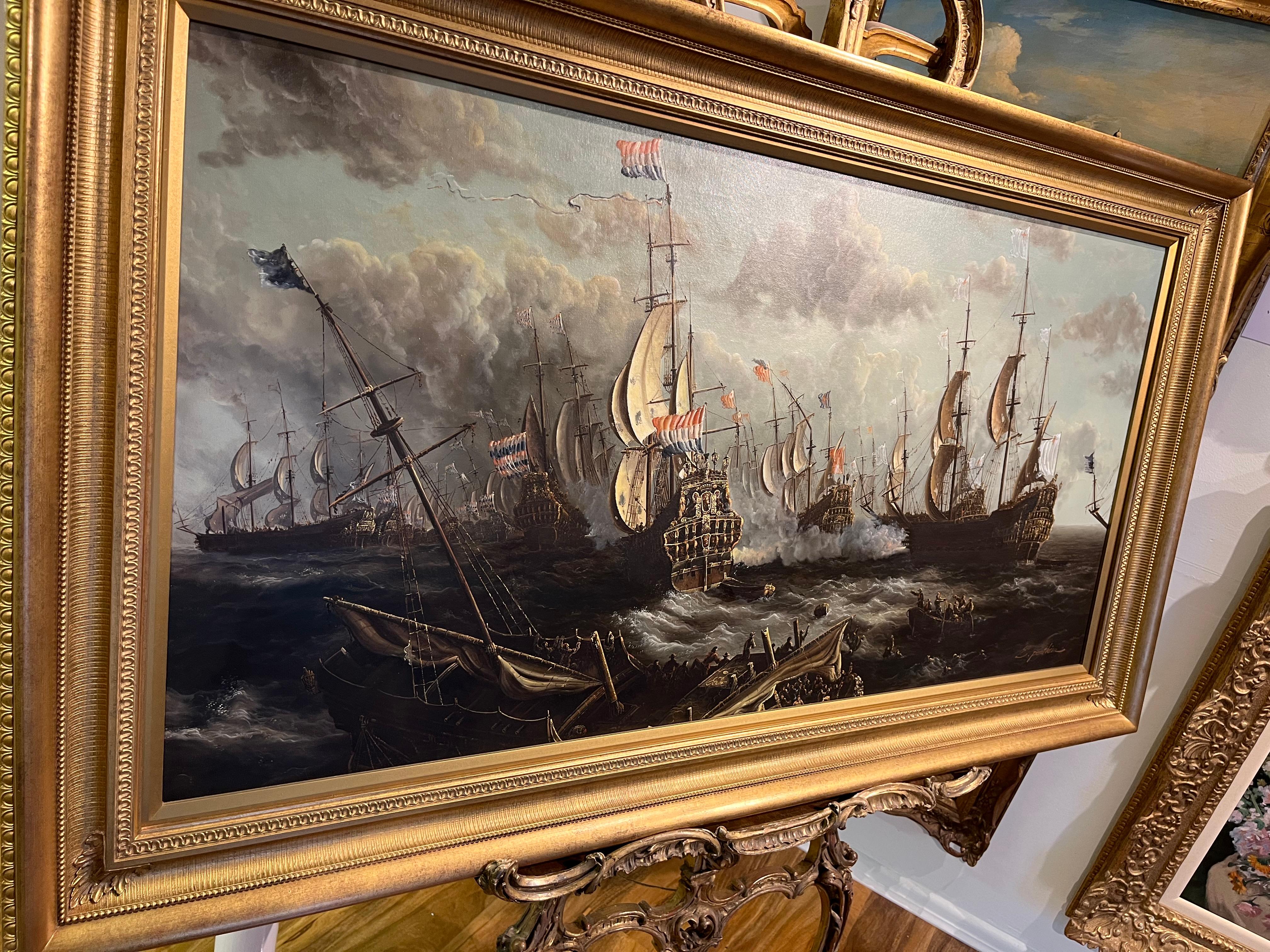 HUGE OIL PAINTING MARITIME SHIP MASTER PIECE 20th CENTURY NICE GOLD GILT FRAME 6