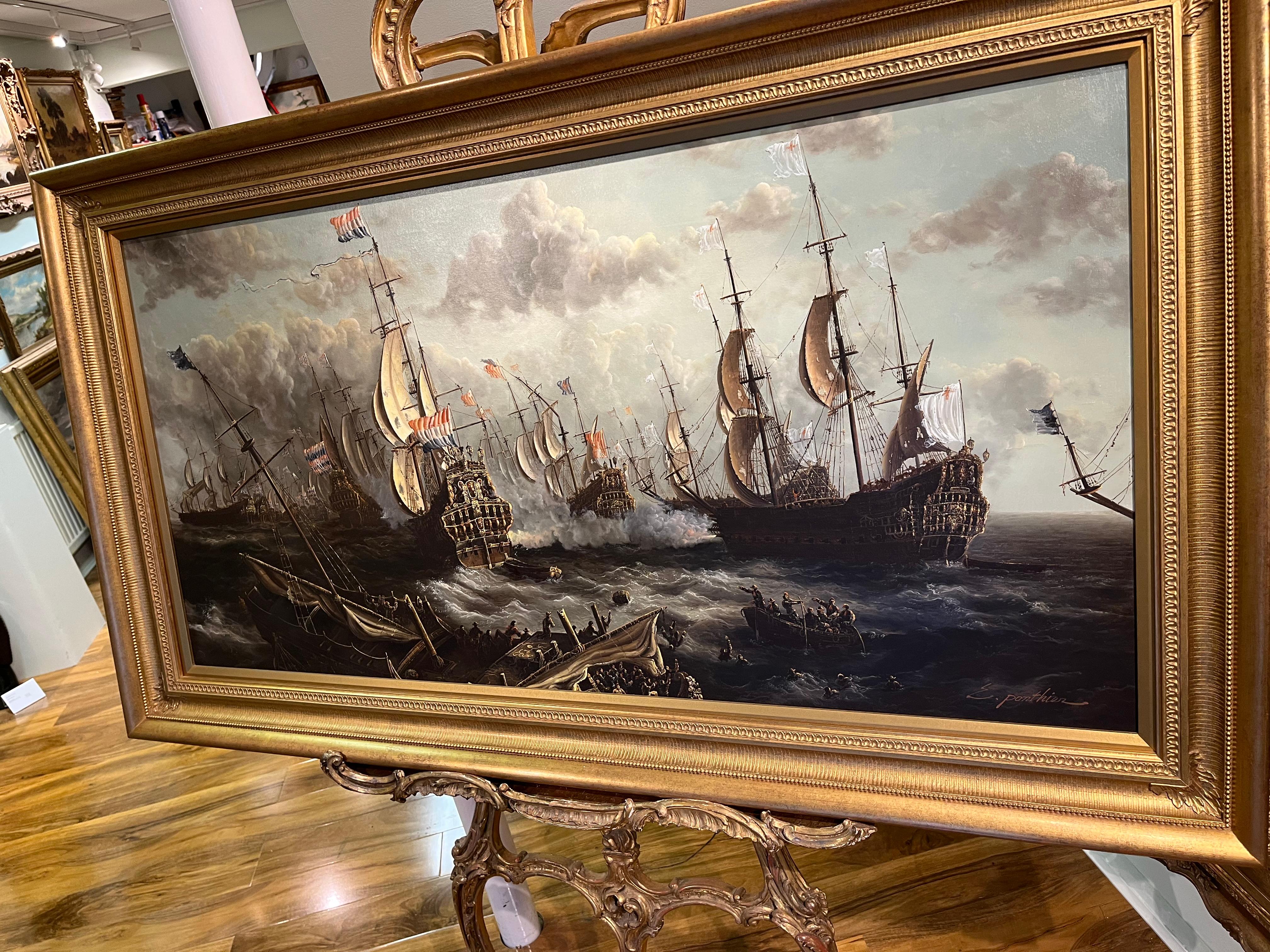 HUGE OIL PAINTING MARITIME SHIP MASTER PIECE 20th CENTURY NICE GOLD GILT FRAME 7