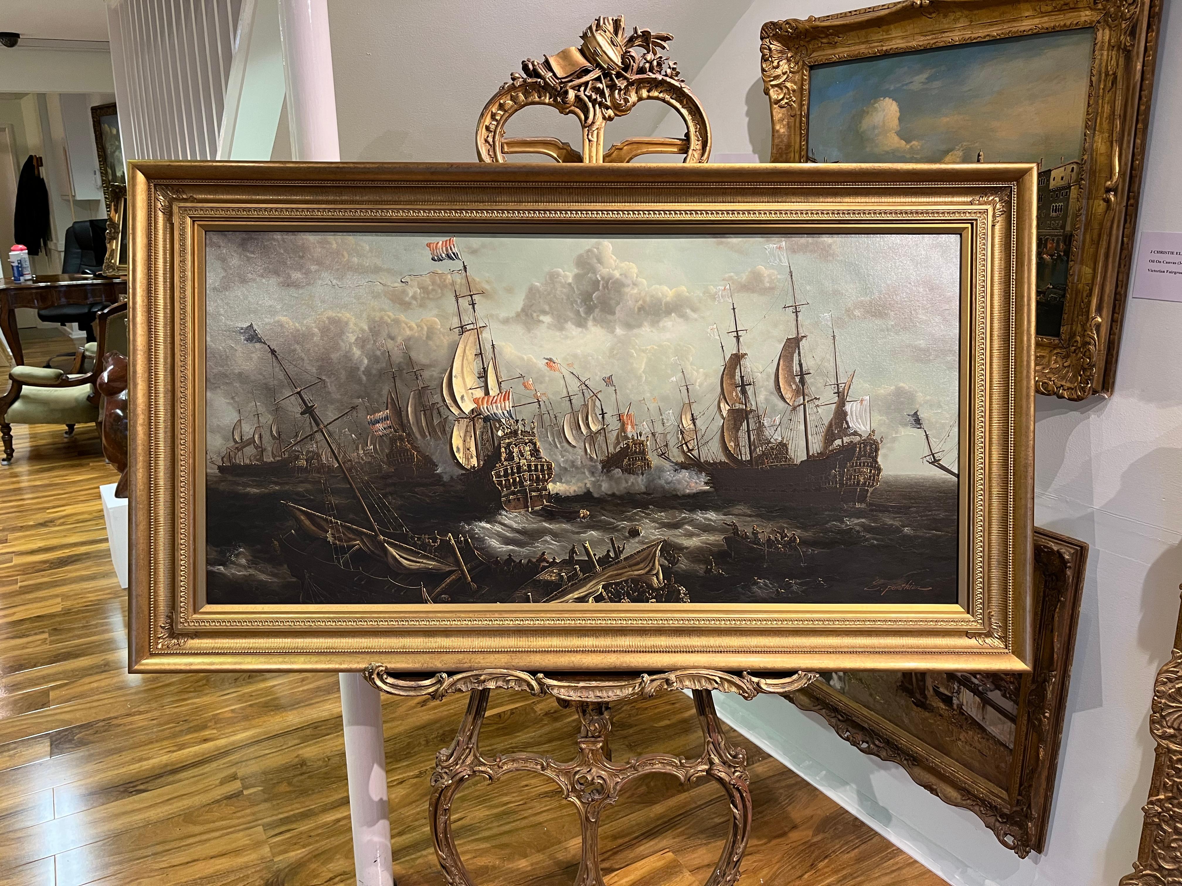 HUGE OIL PAINTING MARITIME SHIP MASTER PIECE 20th CENTURY NICE GOLD GILT FRAME 8