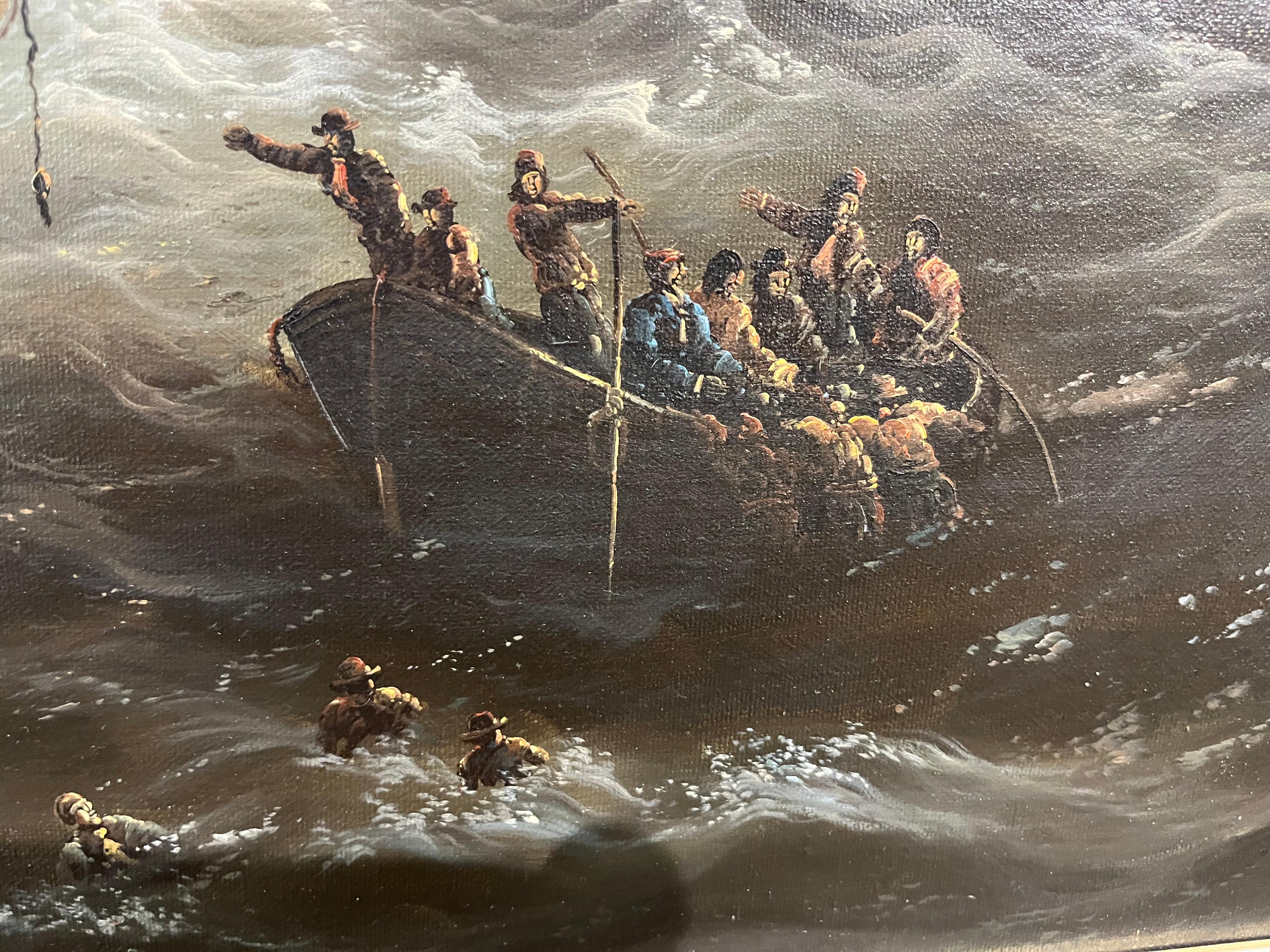ENORME PINTURA AL ÓLEO DE BARCO MARÍTIMO Pieza maestra Siglo XX Bonito marco dorado dorado en venta 12
