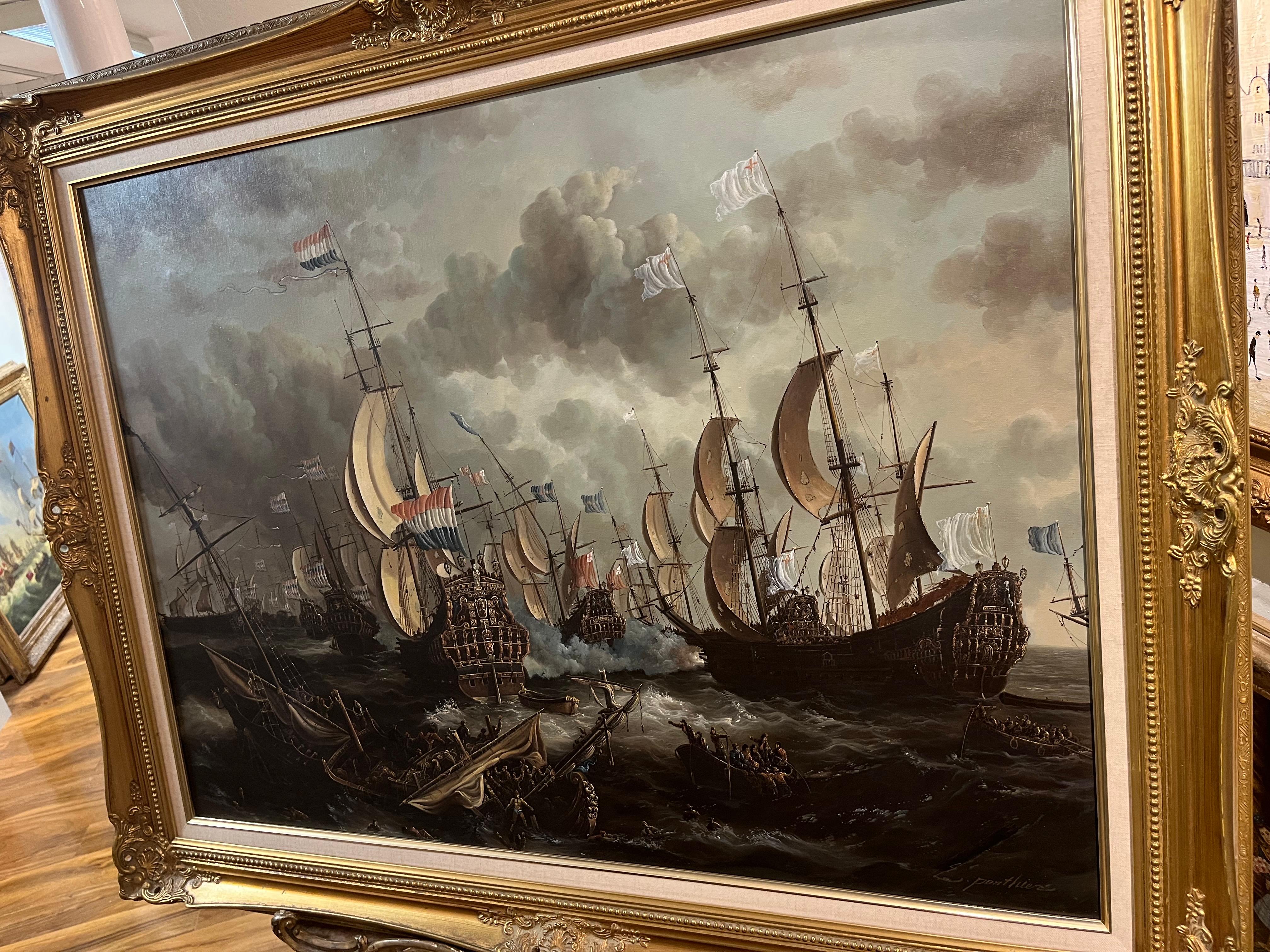 ENORME PINTURA AL ÓLEO DE BARCO MARÍTIMO Pieza maestra Siglo XX Bonito marco dorado dorado en venta 14