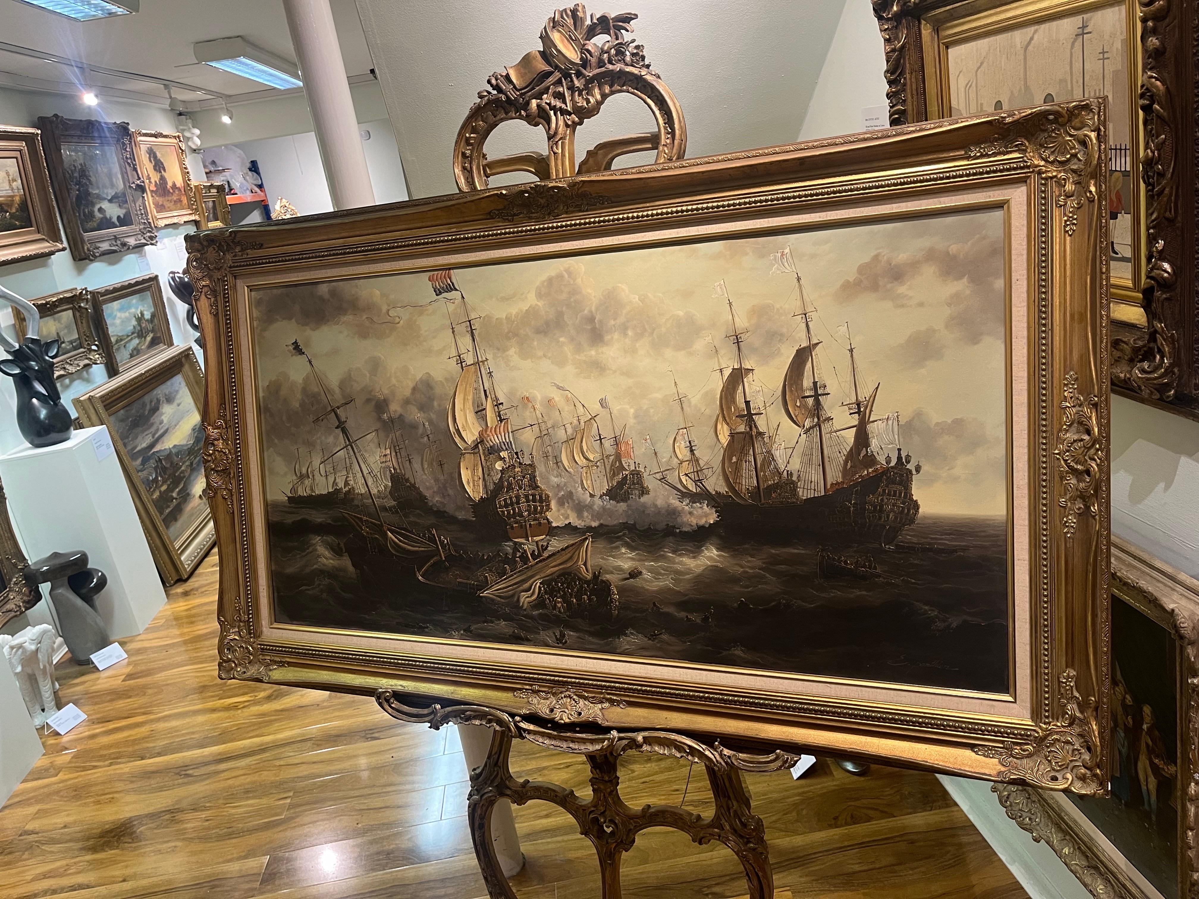 ENORME PINTURA AL ÓLEO DE BARCO MARÍTIMO Pieza maestra Siglo XX Bonito marco dorado dorado - Painting de E ponthier