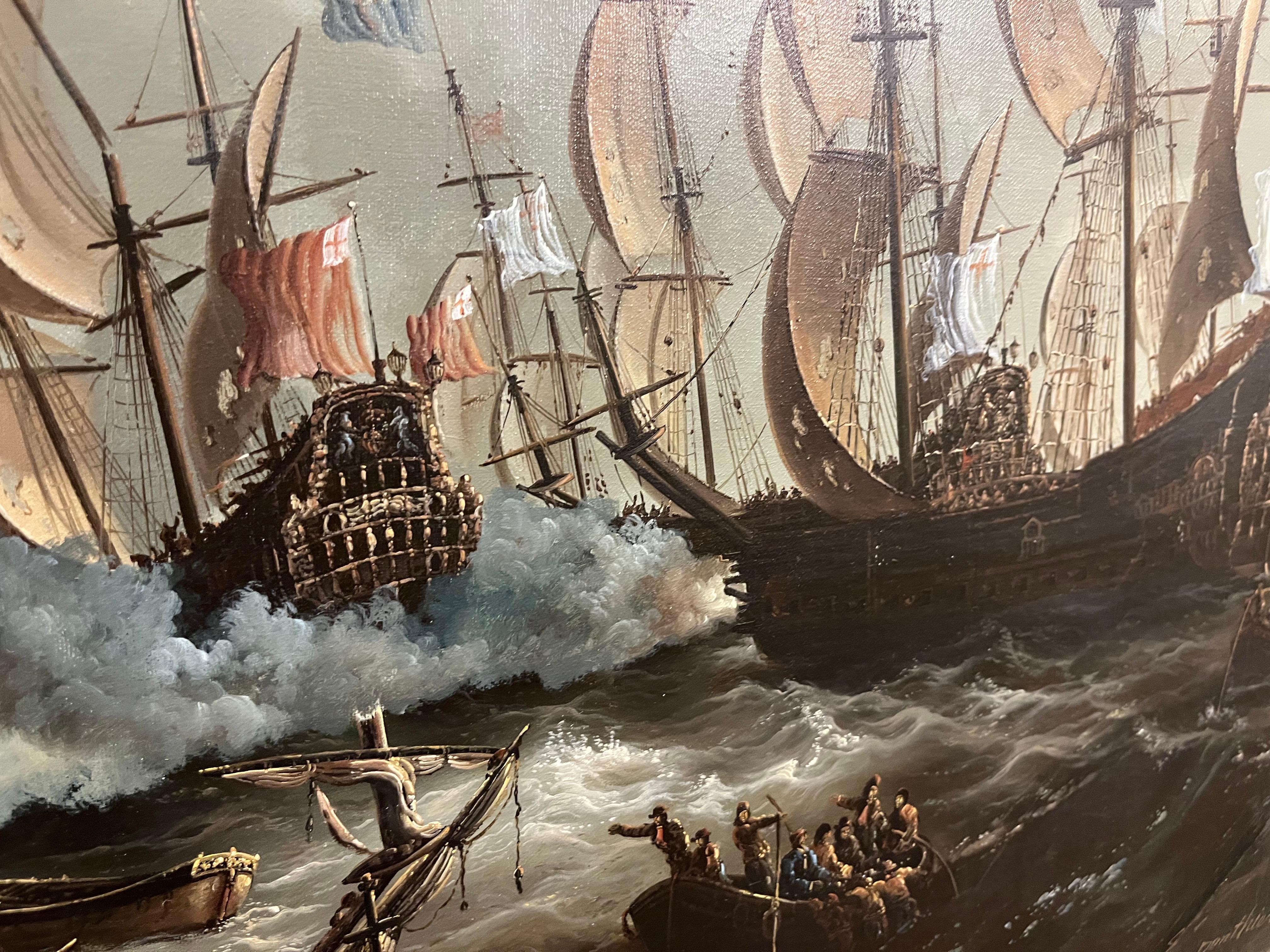 ENORME PINTURA AL ÓLEO DE BARCO MARÍTIMO Pieza maestra Siglo XX Bonito marco dorado dorado - Painting de E ponthier