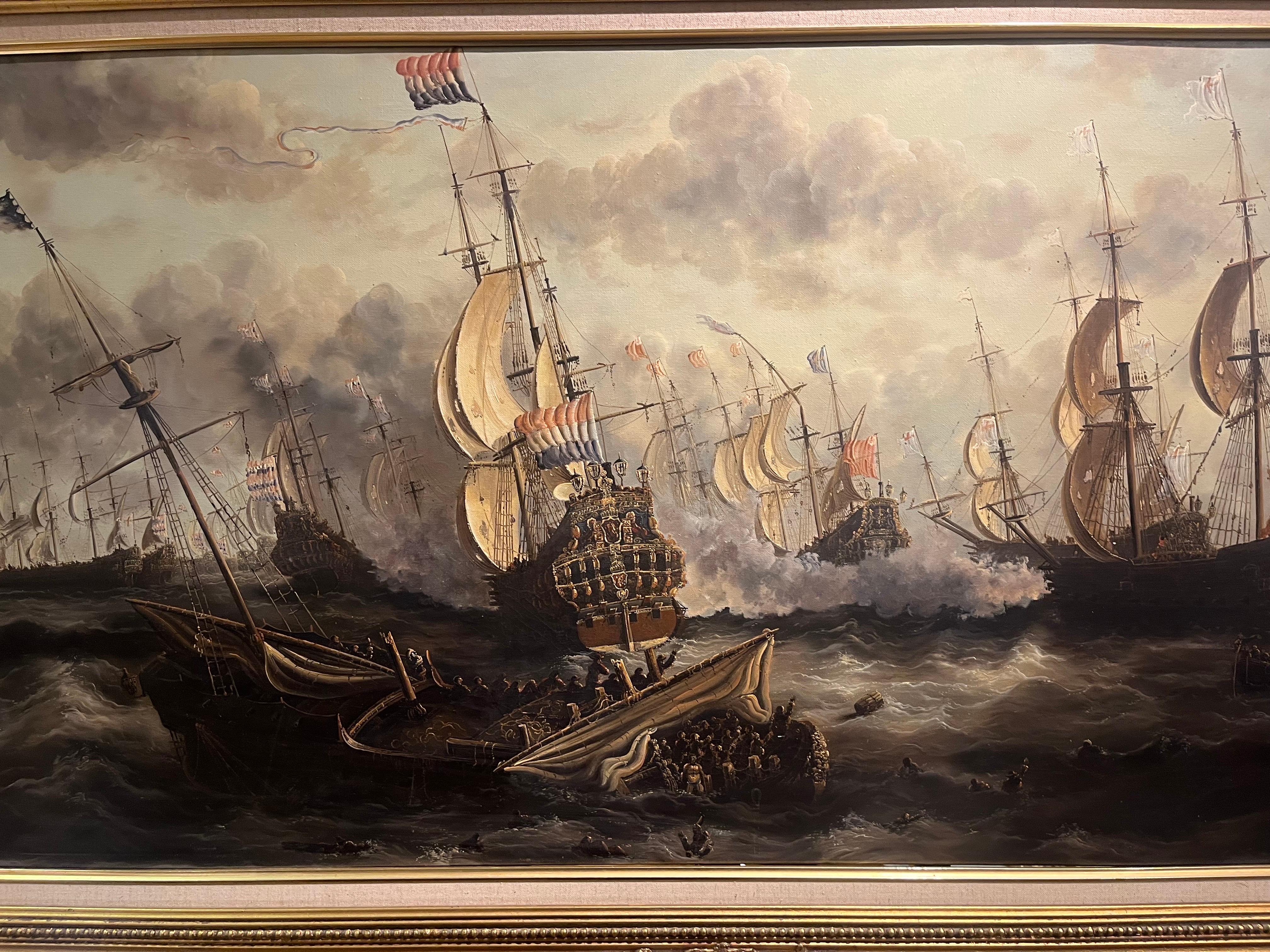 HUGE OIL PAINTING MARITIME SHIP MASTER PIECE 20th CENTURY NICE GOLD GILT FRAME For Sale 14