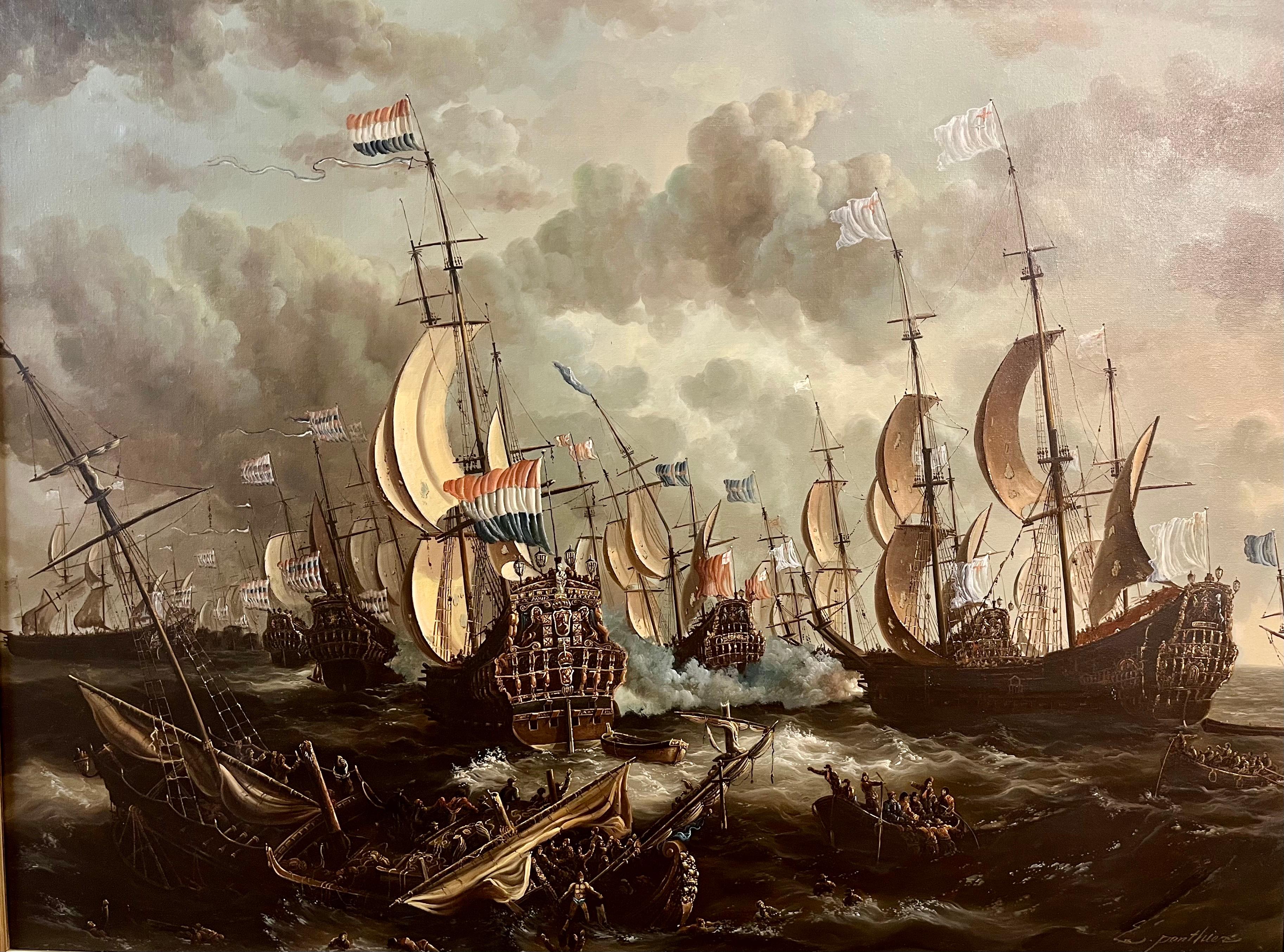 ENORME PINTURA AL ÓLEO DE BARCO MARÍTIMO Pieza maestra Siglo XX Bonito marco dorado dorado en venta 15