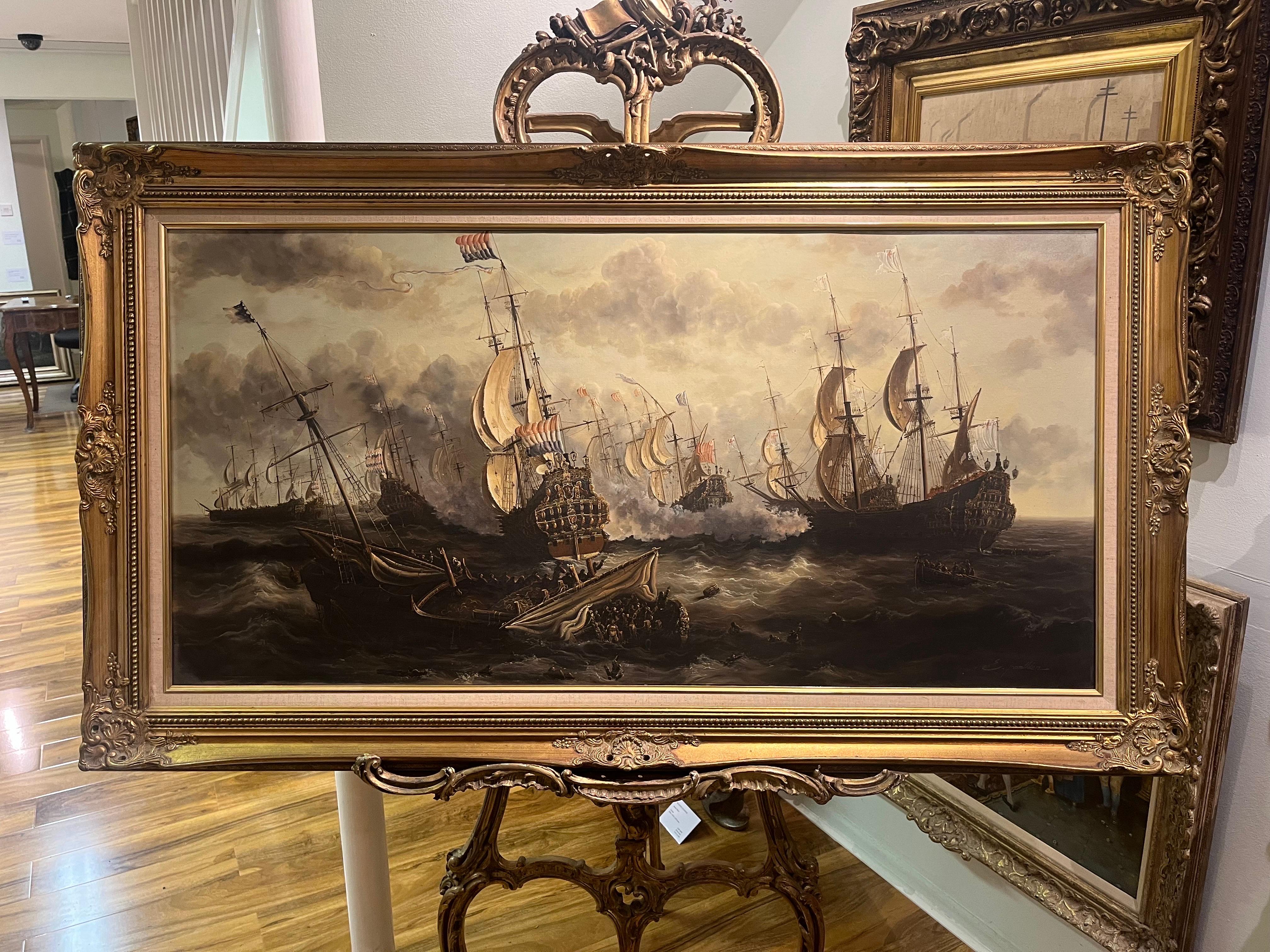 ENORME PINTURA AL ÓLEO DE BARCO MARÍTIMO Pieza maestra Siglo XX Bonito marco dorado dorado - Landscape Painting Marrón de E ponthier