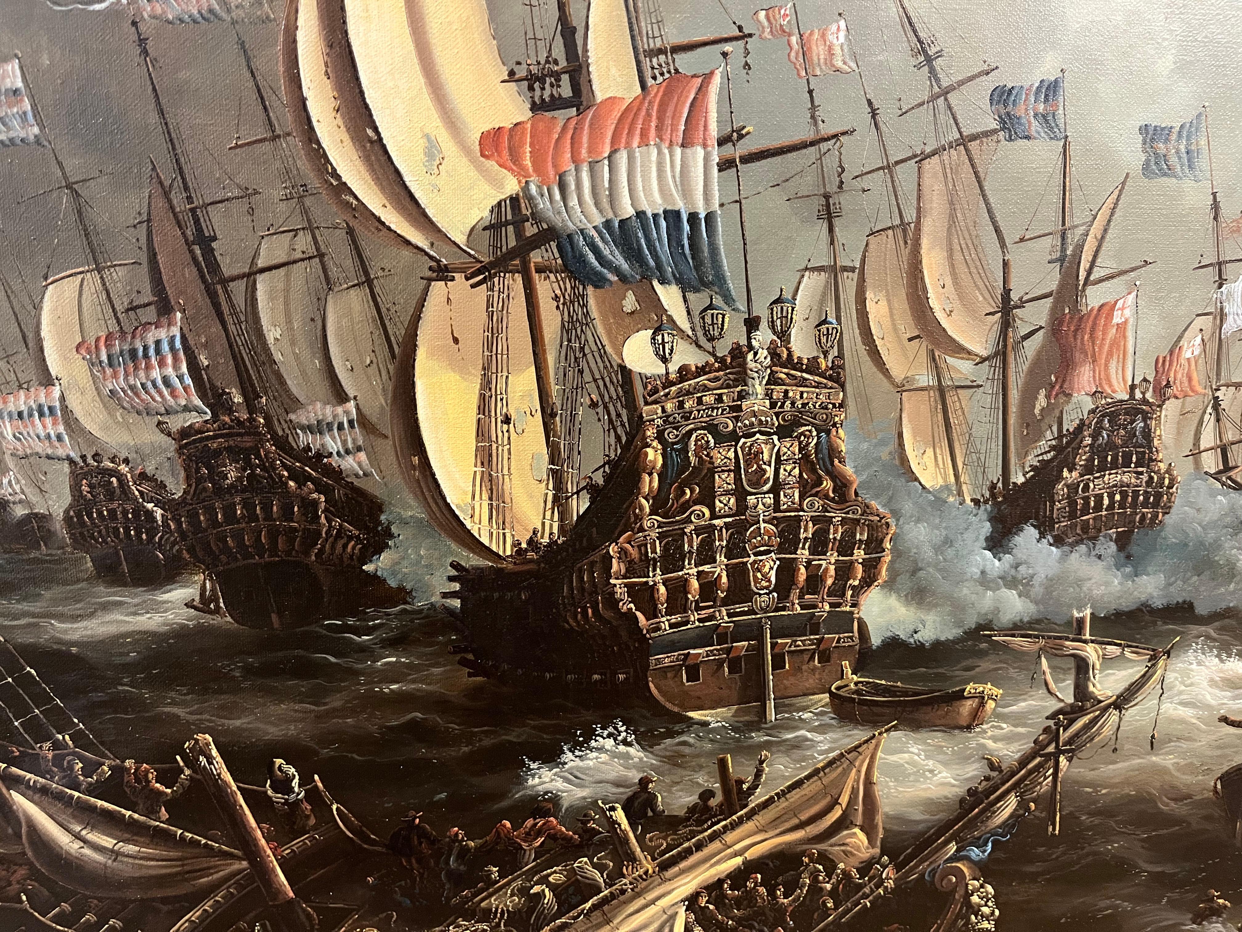 ENORME PINTURA AL ÓLEO DE BARCO MARÍTIMO Pieza maestra Siglo XX Bonito marco dorado dorado - Landscape Painting Marrón de E ponthier