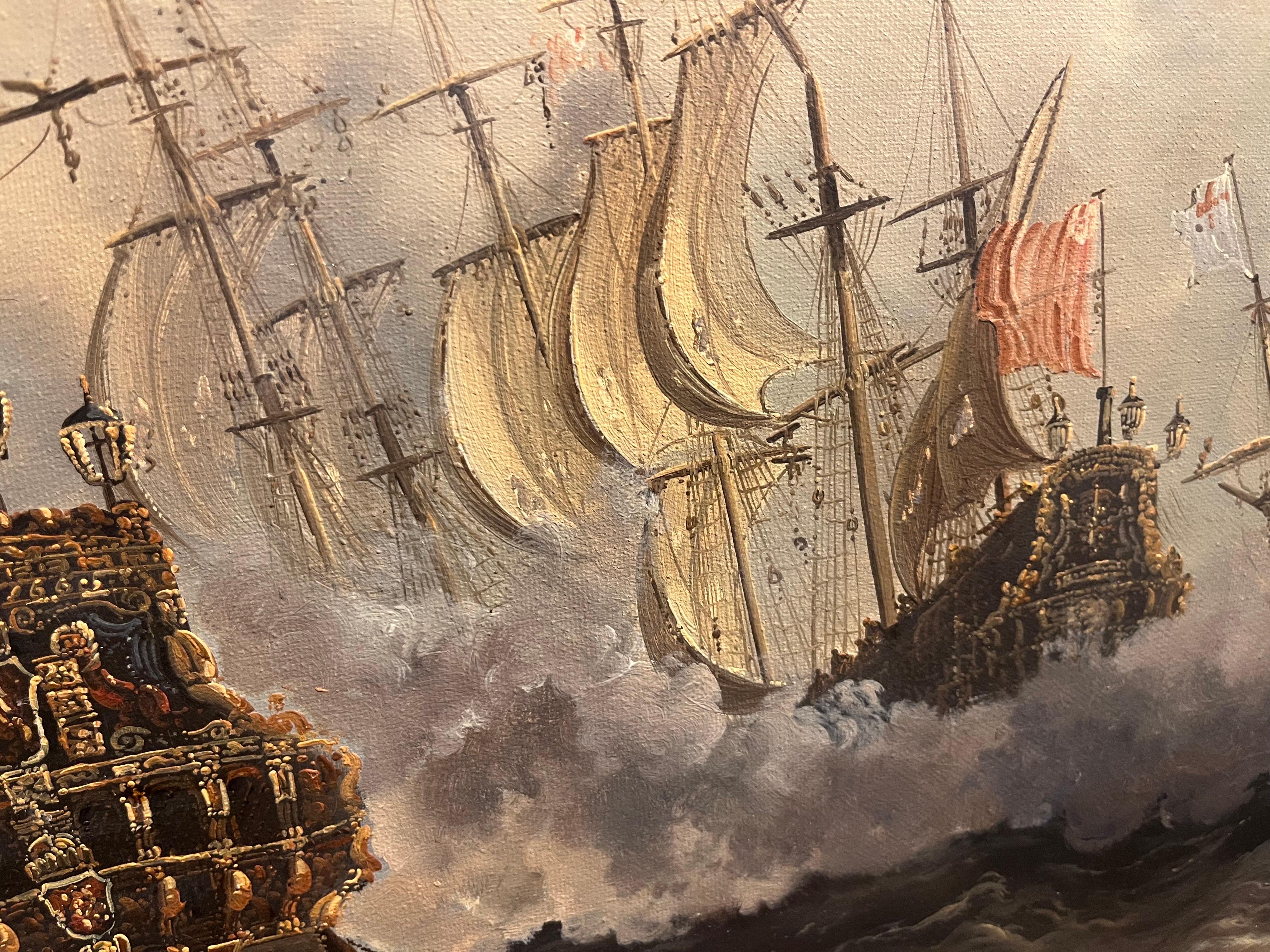 ENORME PINTURA AL ÓLEO DE BARCO MARÍTIMO Pieza maestra Siglo XX Bonito marco dorado dorado 1