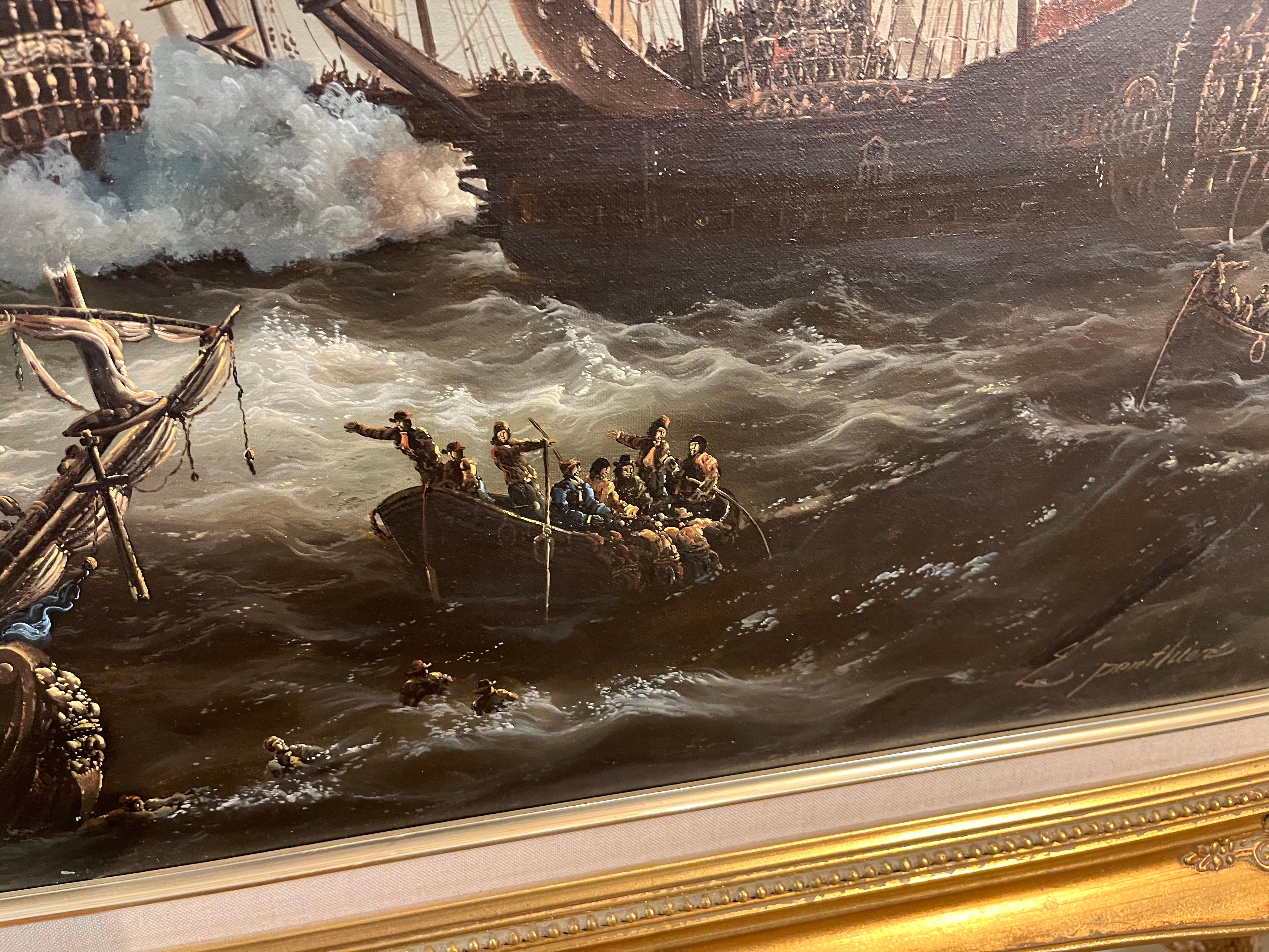 ENORME PINTURA AL ÓLEO DE BARCO MARÍTIMO Pieza maestra Siglo XX Bonito marco dorado dorado en venta 1