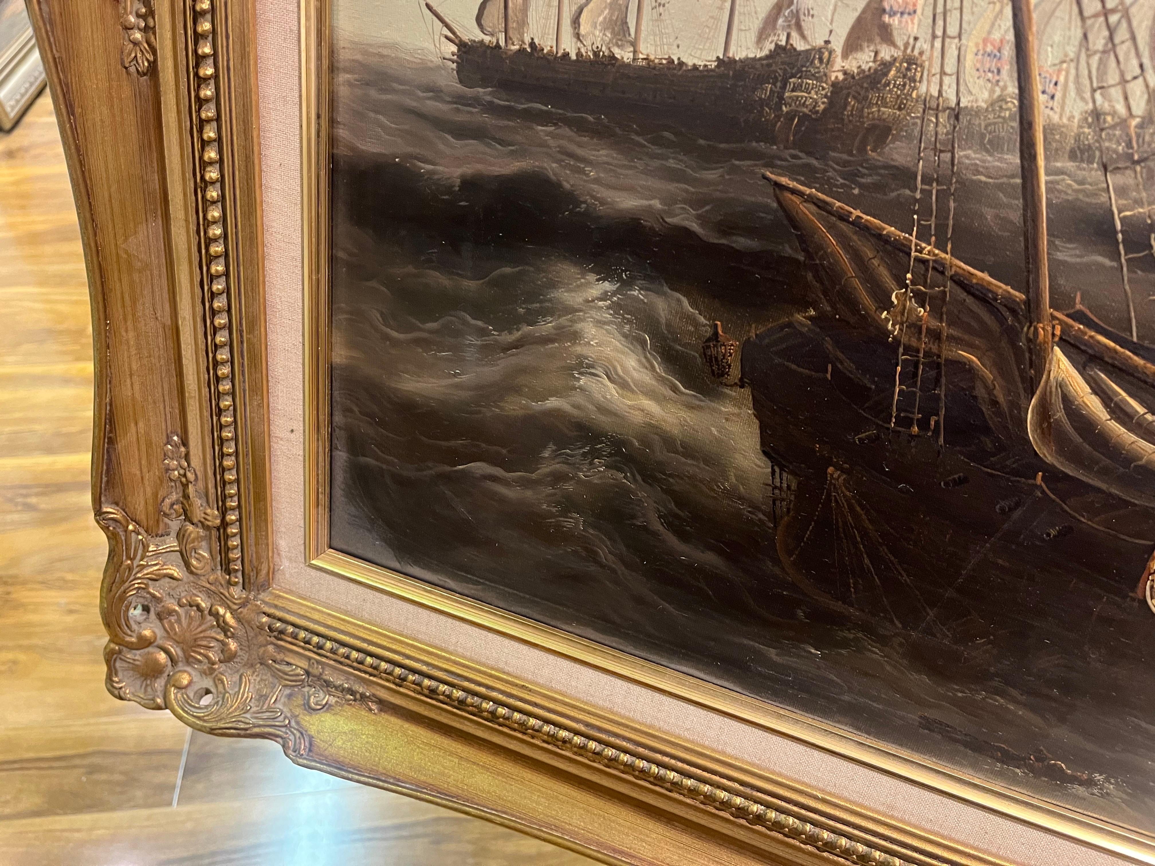 HUGE OIL PAINTING MARITIME SHIP MASTER PIECE 20th CENTURY NICE GOLD GILT FRAME For Sale 1
