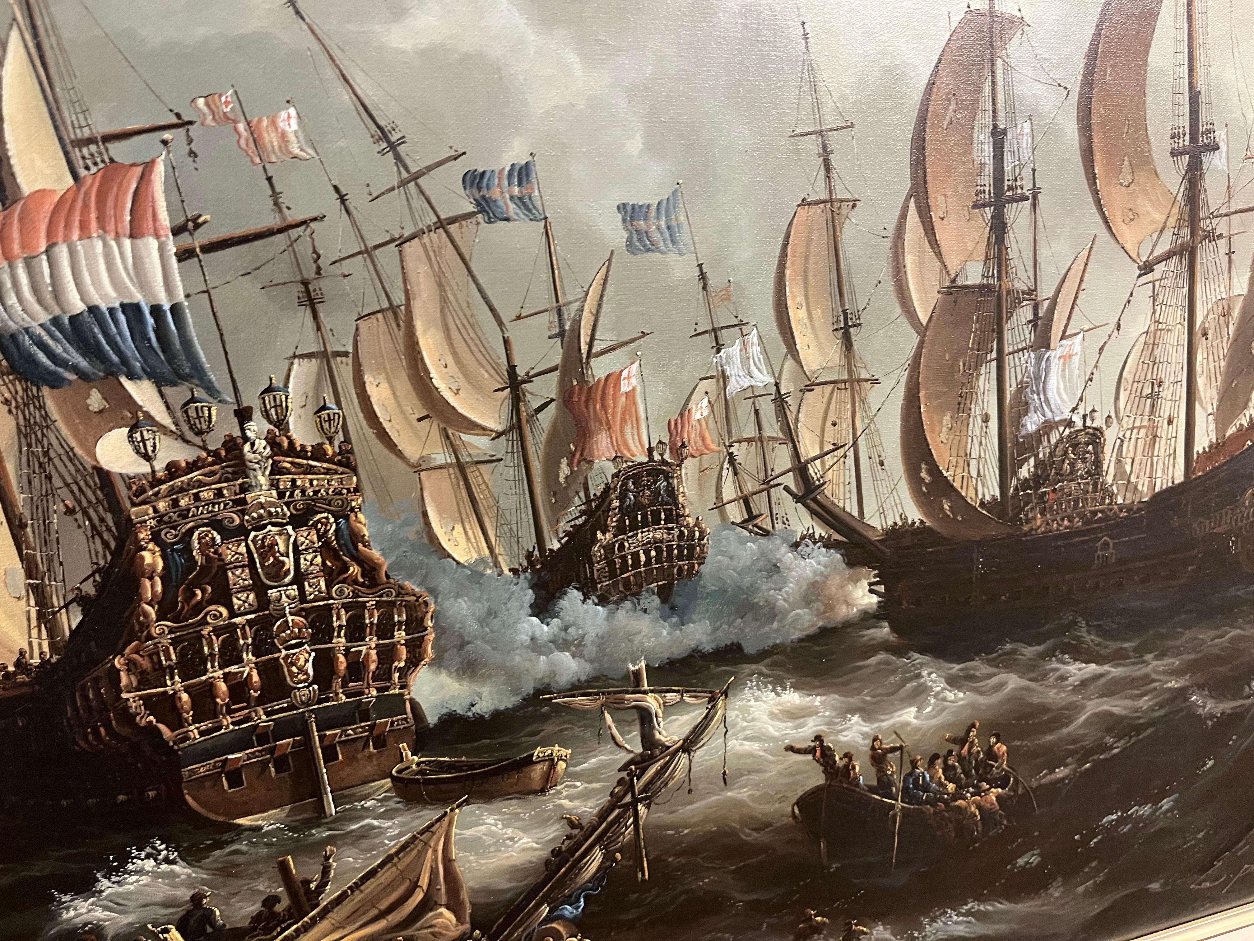 ENORME PINTURA AL ÓLEO DE BARCO MARÍTIMO Pieza maestra Siglo XX Bonito marco dorado dorado en venta 2