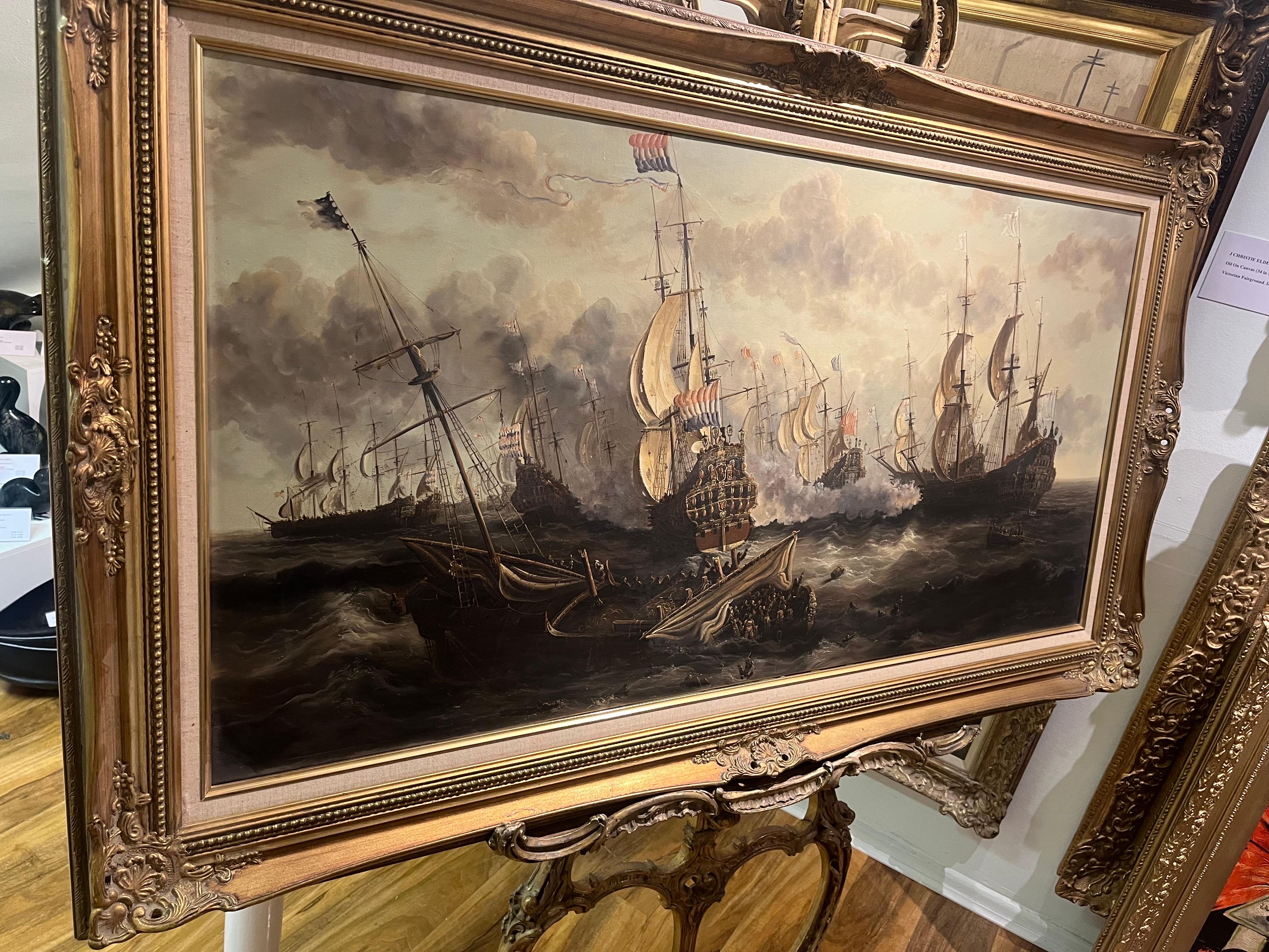 HUGE OIL PAINTING MARITIME SHIP MASTER PIECE 20th CENTURY NICE GOLD GILT FRAME For Sale 2