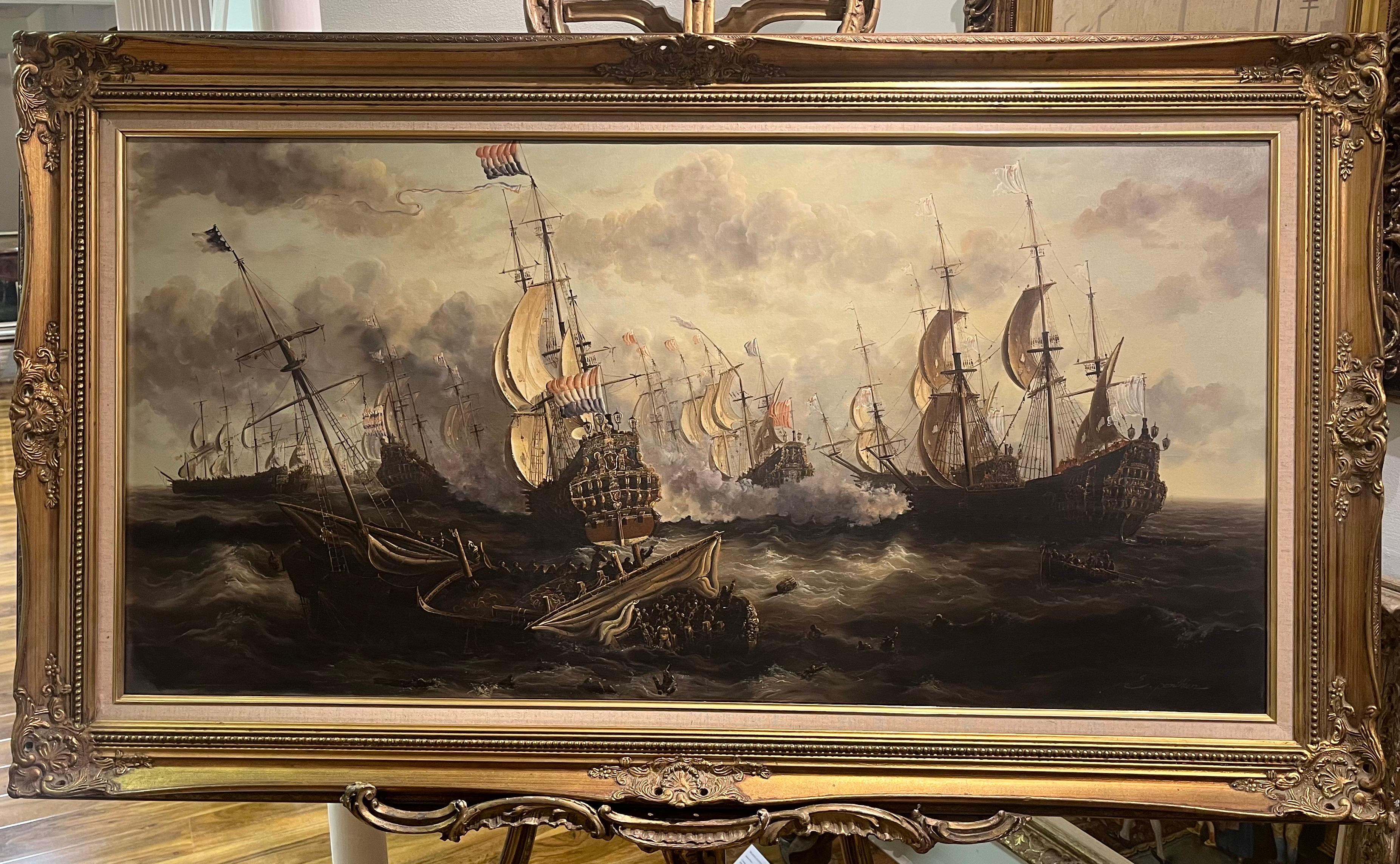 Landscape Painting E ponthier - Énorme pièce de maîtresse d'un navire maritime du 20e siècle, FRAME en or bien conservée