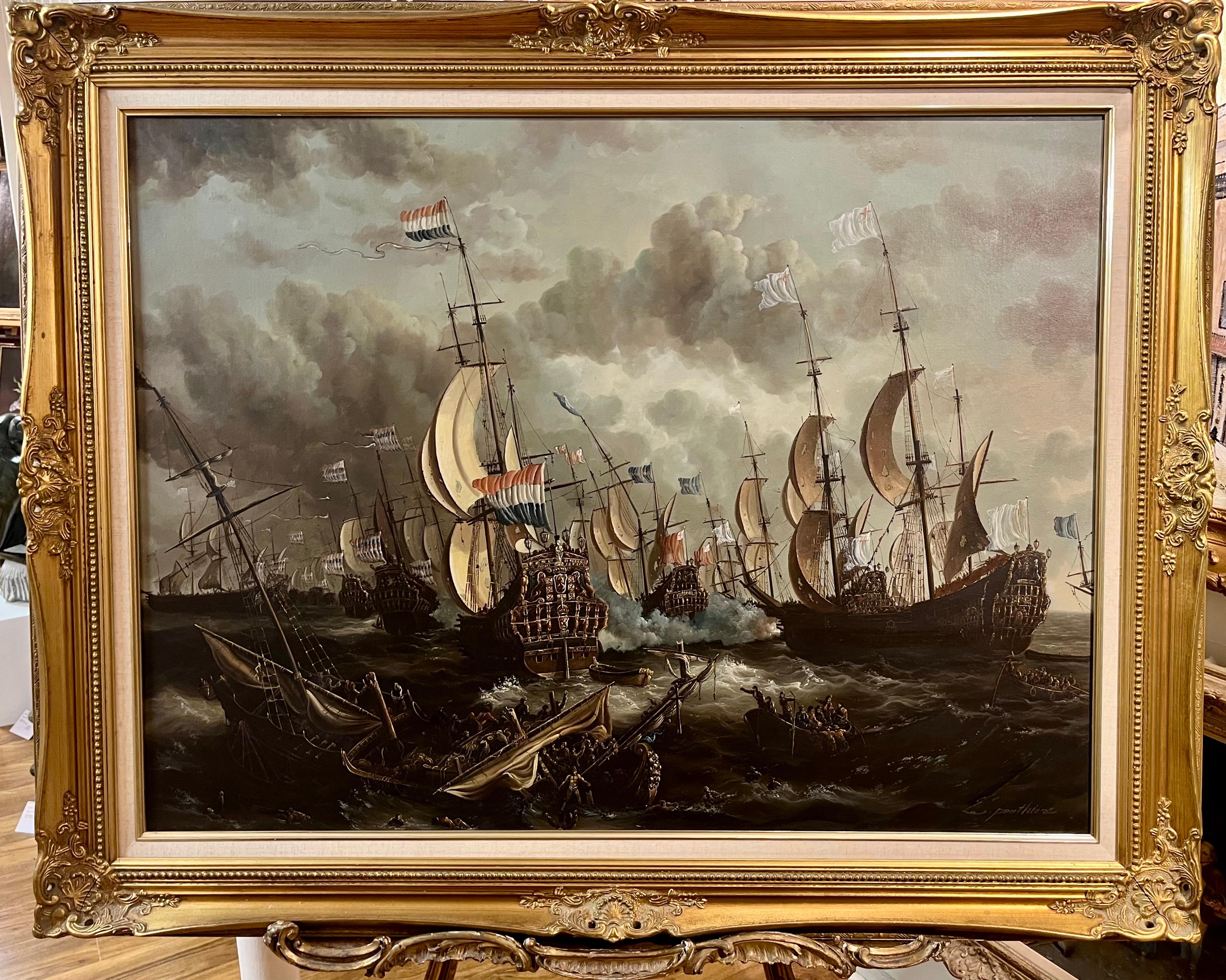 Landscape Painting de E ponthier - ENORME PINTURA AL ÓLEO DE BARCO MARÍTIMO Pieza maestra Siglo XX Bonito marco dorado dorado