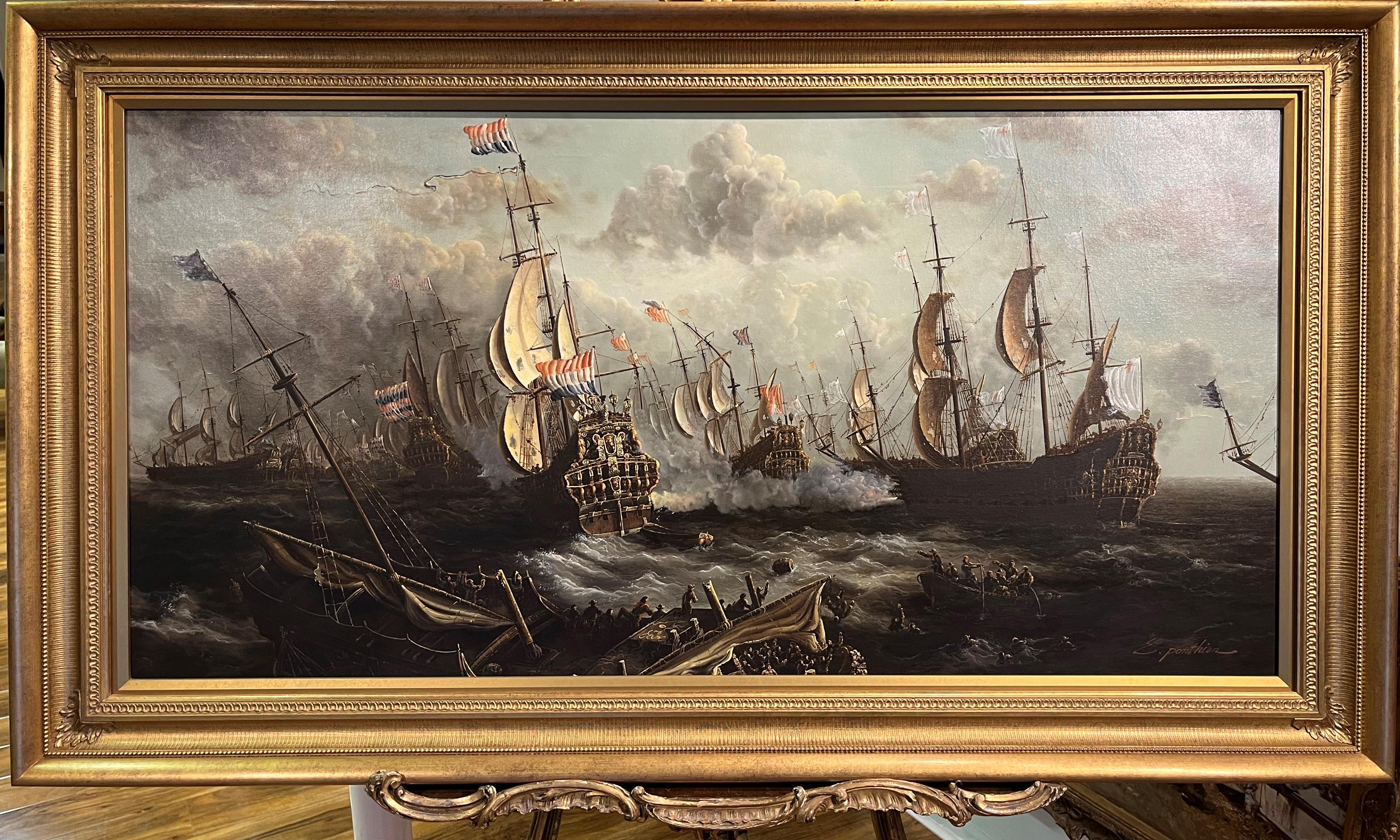 E ponthier Landscape Painting - HUGE OIL PAINTING MARITIME SHIP MASTER PIECE 20th CENTURY NICE GOLD GILT FRAME