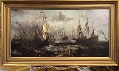 ENORME PINTURA AL ÓLEO DE BARCO MARÍTIMO Pieza maestra Siglo XX Bonito marco dorado dorado