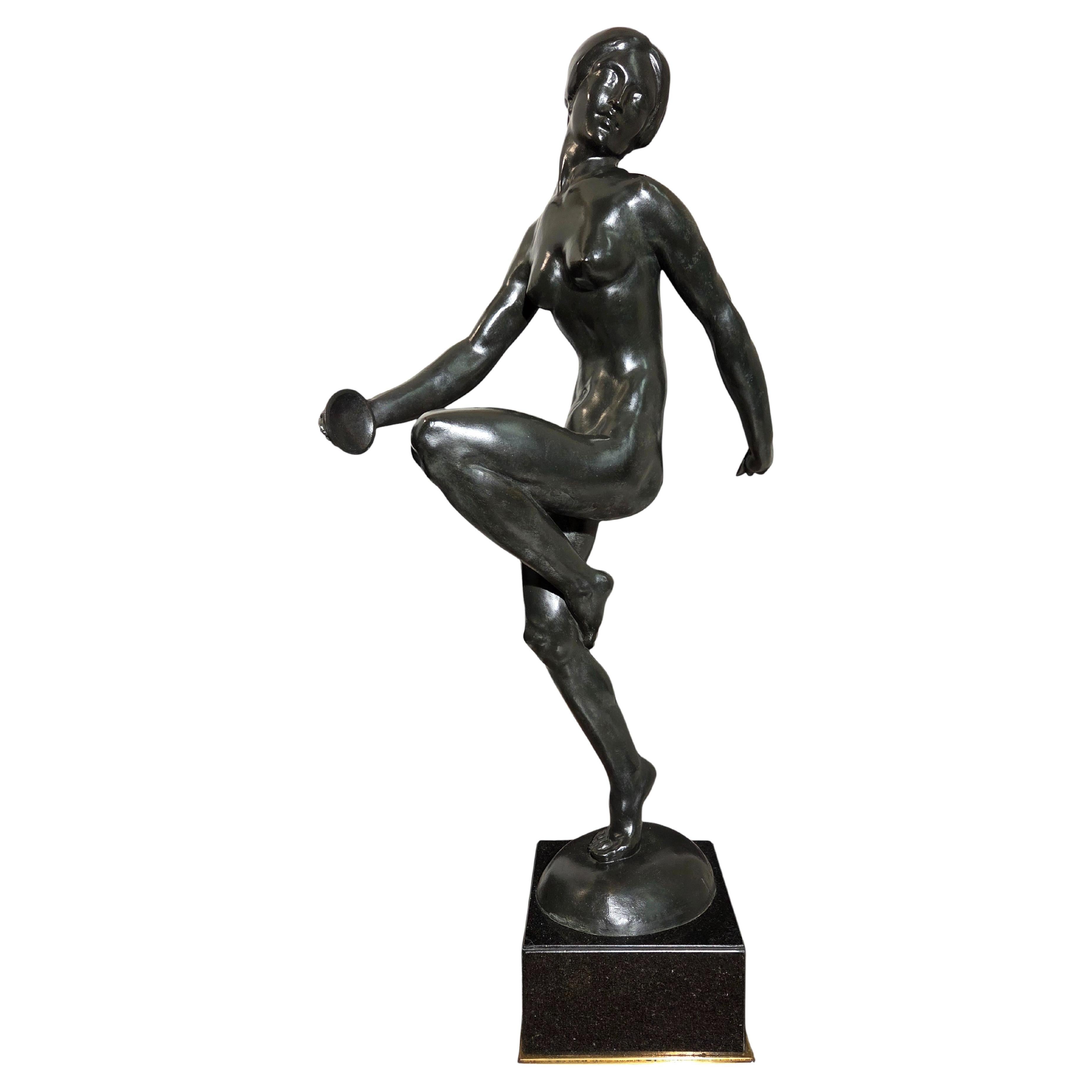 E. Popineau signed, large, original French Art Deco bronze female cymbal dancer