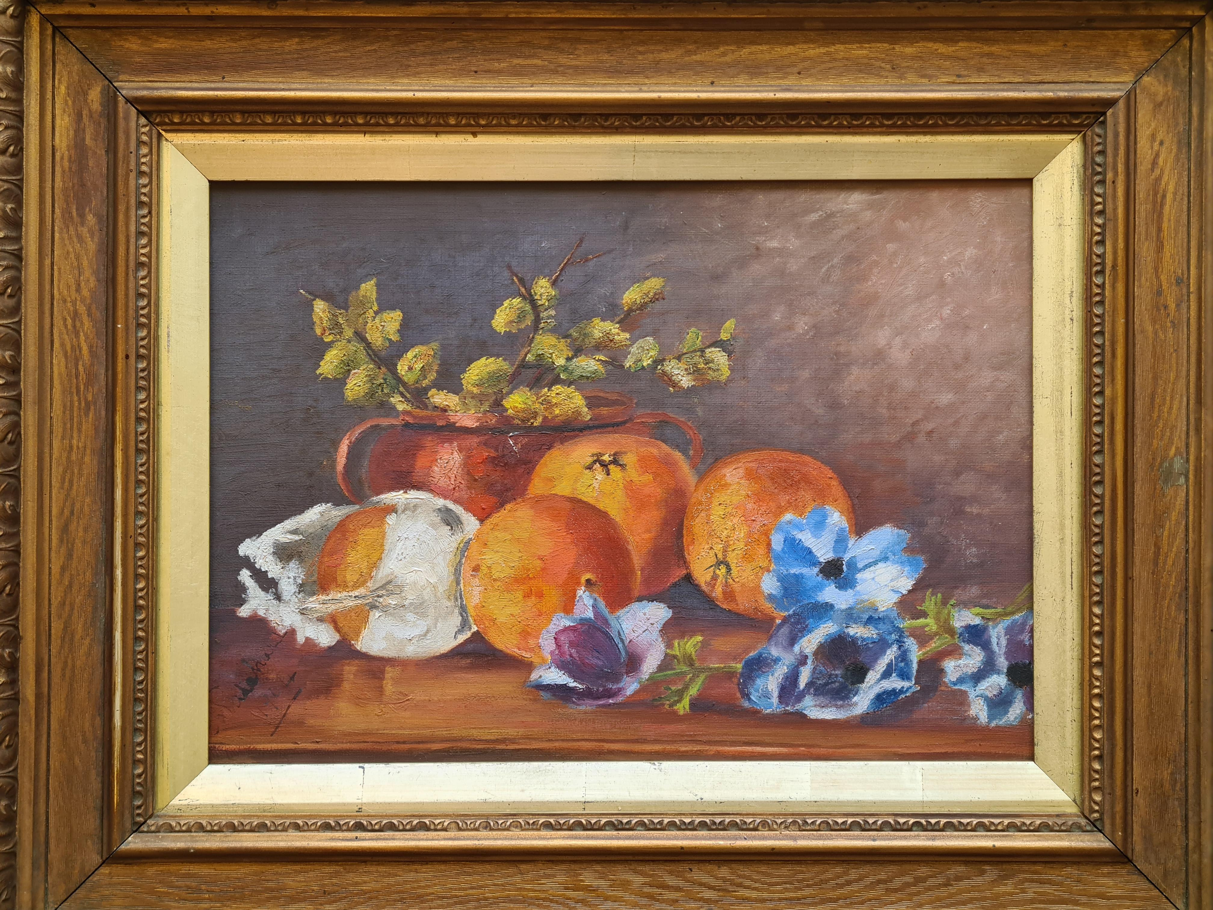 Early 20thC Oil on Canvas Still Life, Autumn Harvest, Oranges, Hops and Flowers - Painting by E Pritchard