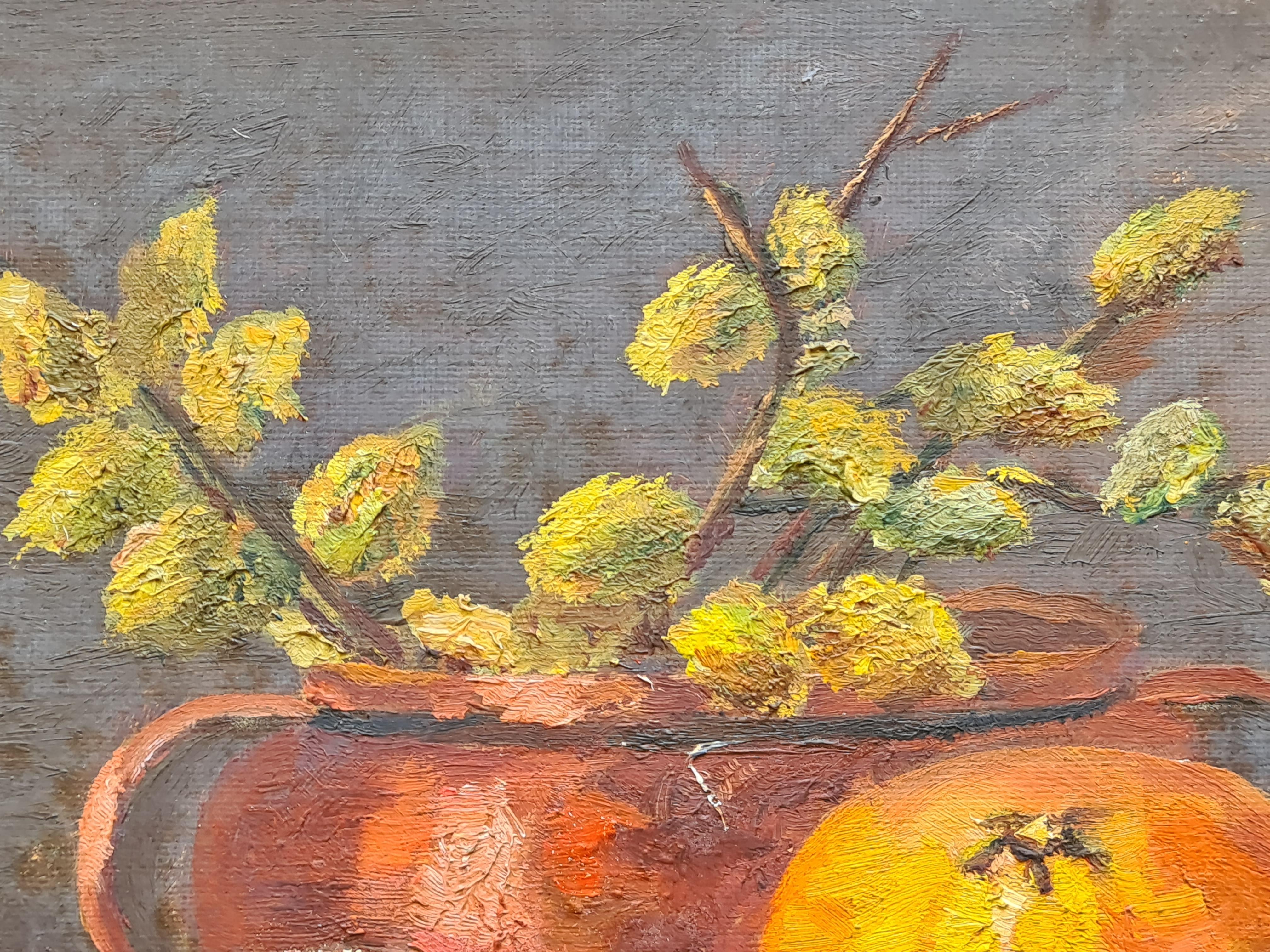 Early 20thC Oil on Canvas Still Life, Autumn Harvest, Oranges, Hops and Flowers - Romantic Painting by E Pritchard