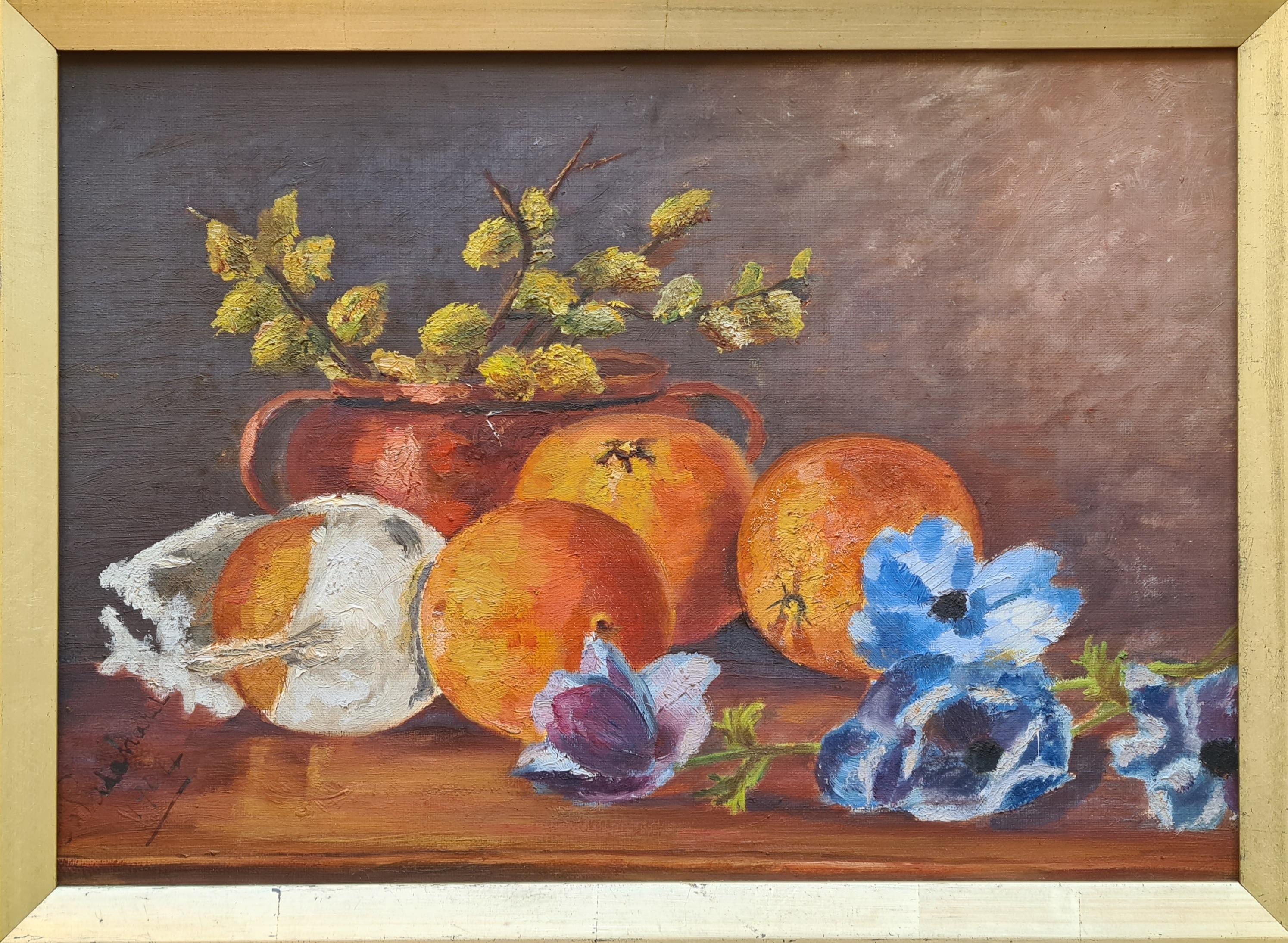E Pritchard Interior Painting - Early 20thC Oil on Canvas Still Life, Autumn Harvest, Oranges, Hops and Flowers
