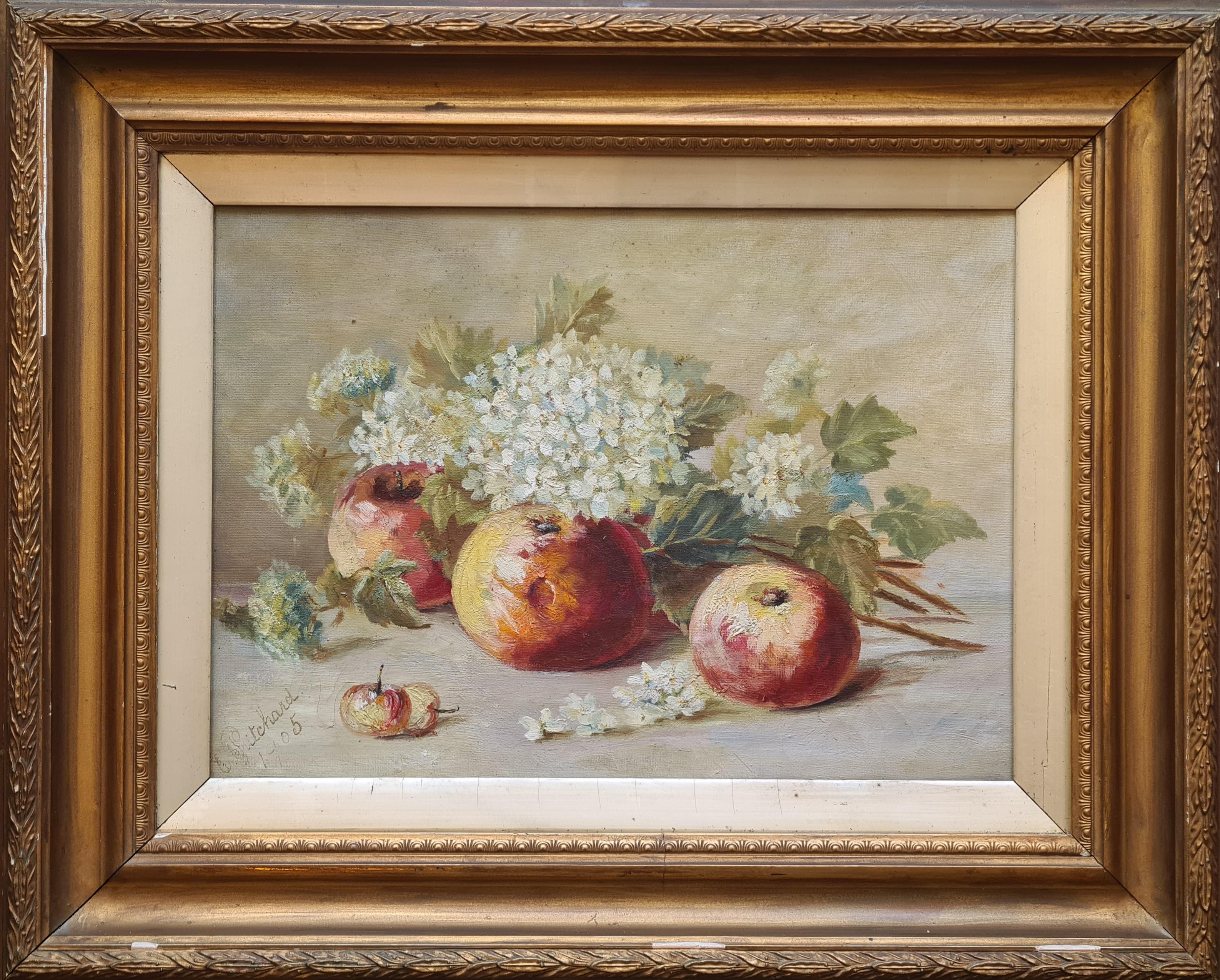 Early 20thC Oil Still Life, Summer Harvest with Apples, Cherries and Blossom - Painting by E Pritchard