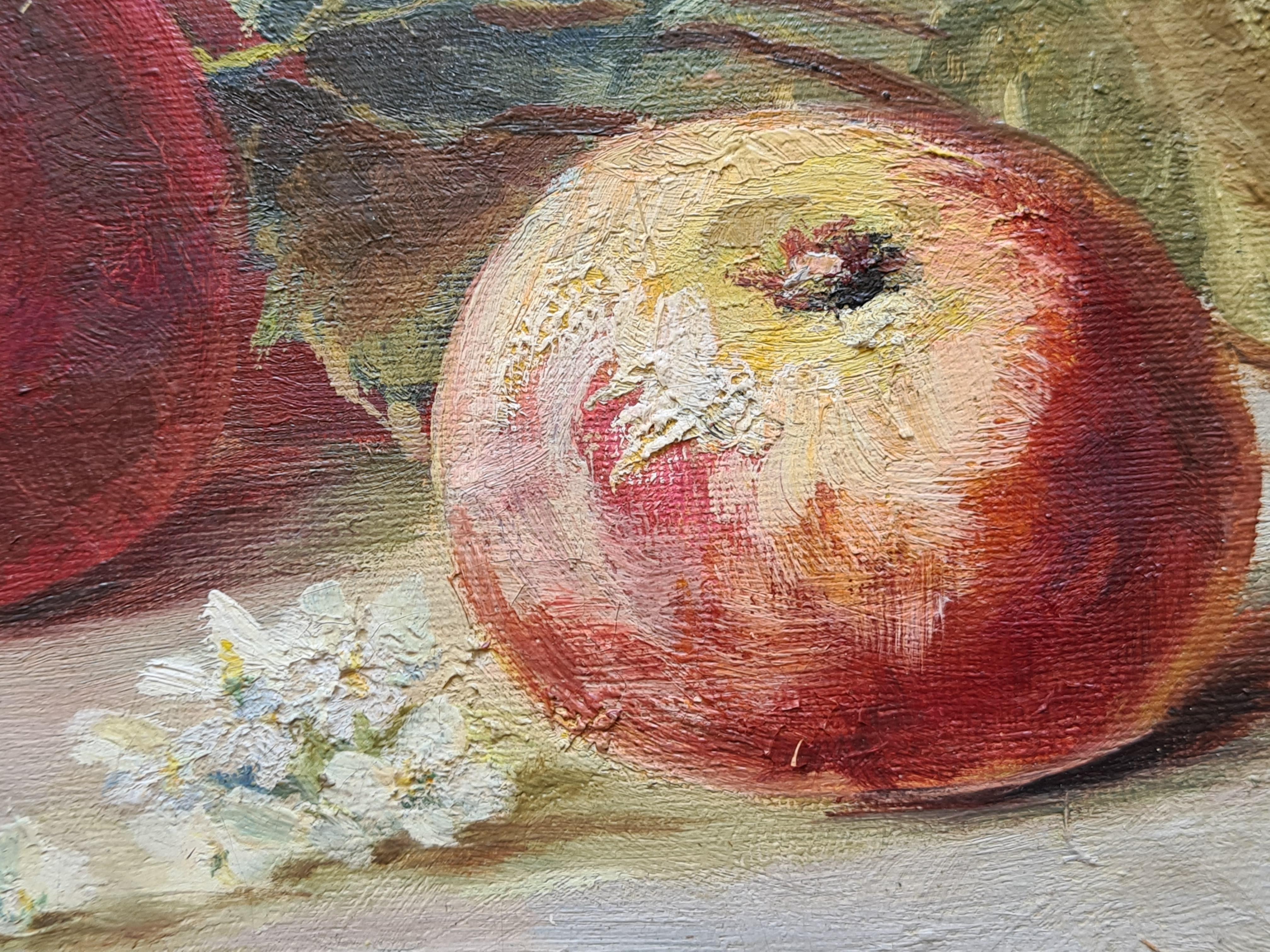 Early 20thC Oil Still Life, Summer Harvest with Apples, Cherries and Blossom - Gray Interior Painting by E Pritchard
