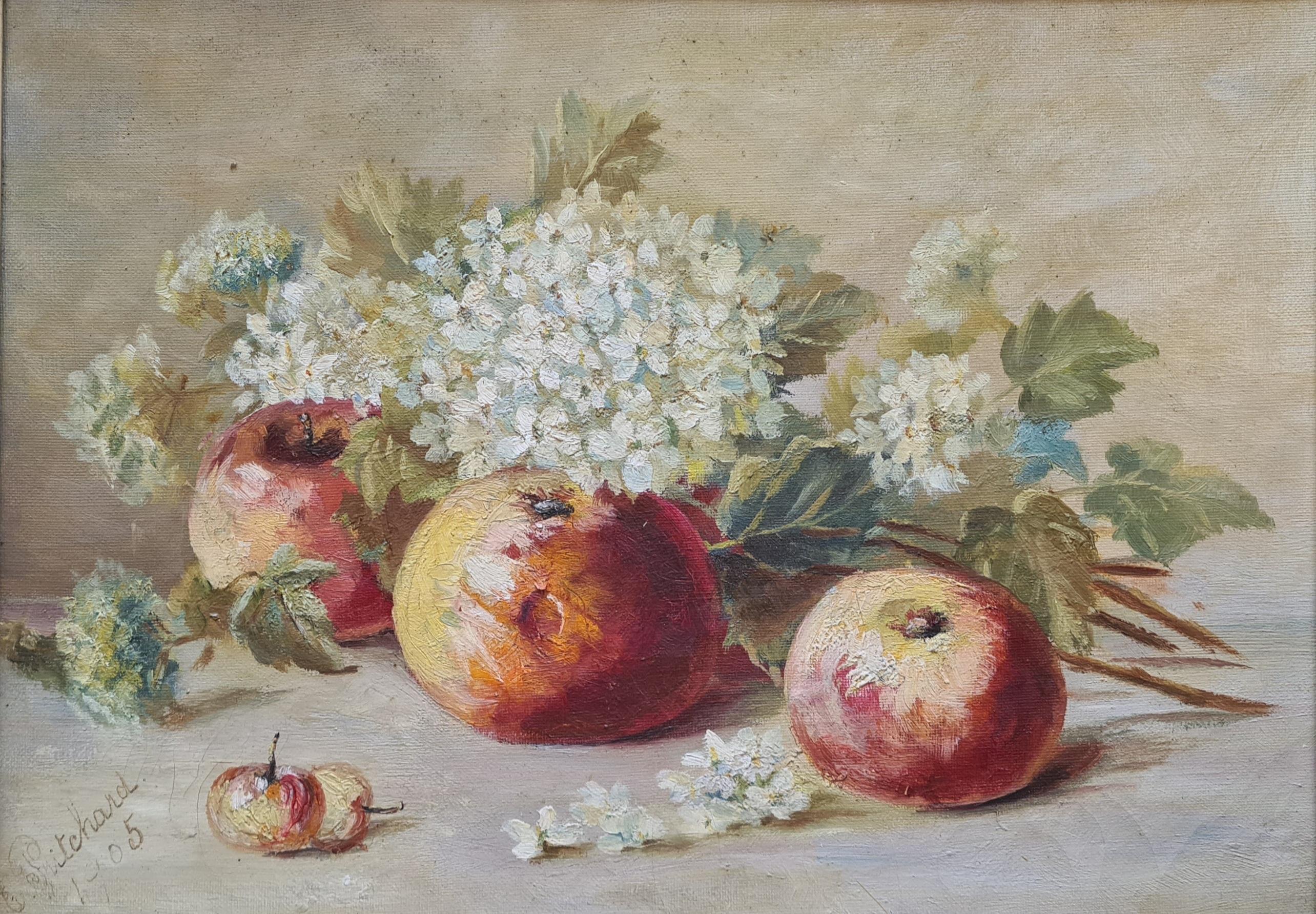 E Pritchard Interior Painting - Early 20thC Oil Still Life, Summer Harvest with Apples, Cherries and Blossom
