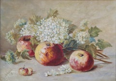 Early 20thC Oil Still Life, Summer Harvest with Apples, Cherries and Blossom