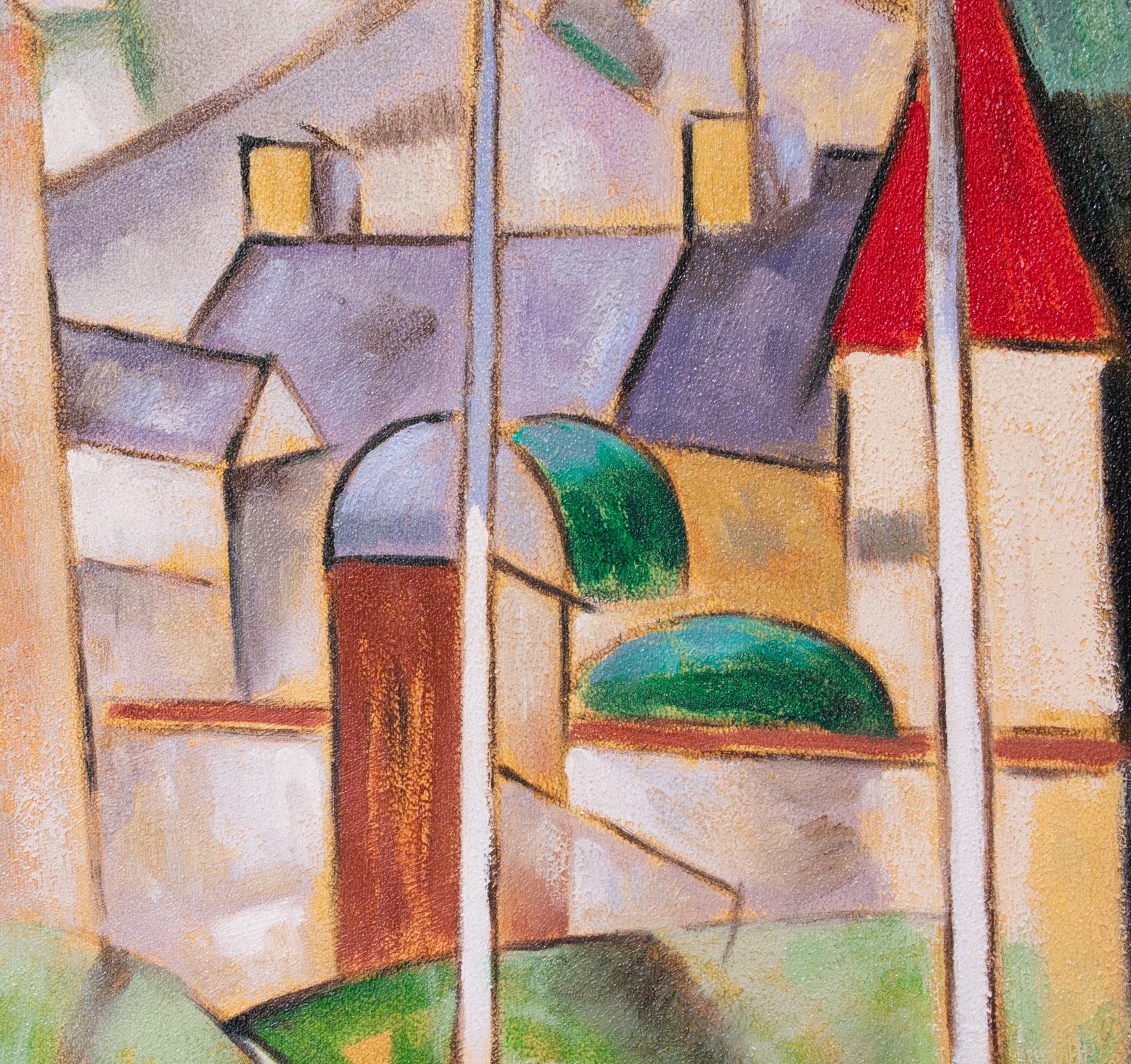 Paisaje urbano abstracto Pintura cubista al óleo sobre lienzo de E. Pullman en venta 10