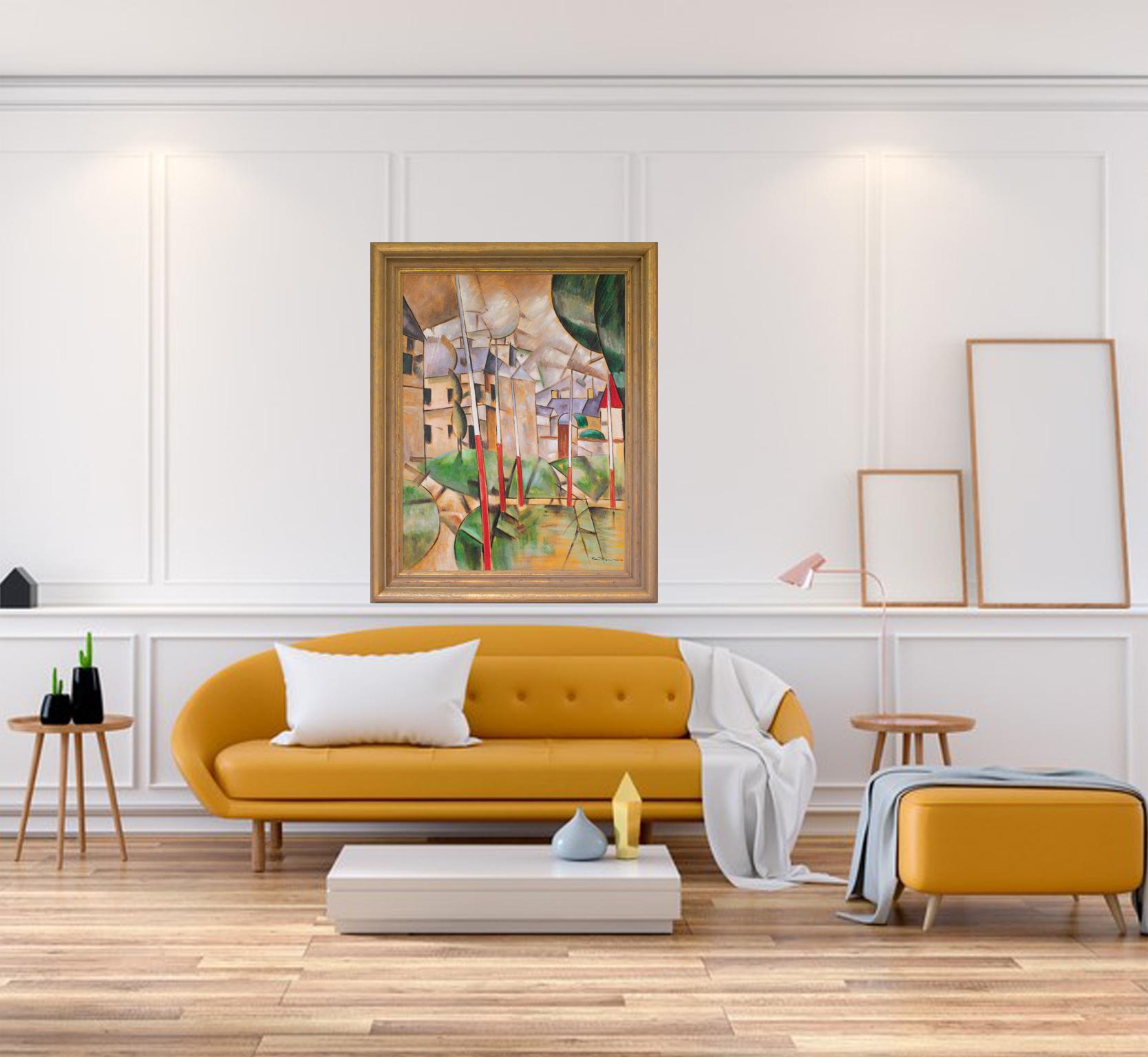 Paisaje urbano abstracto Pintura cubista al óleo sobre lienzo de E. Pullman en venta 12