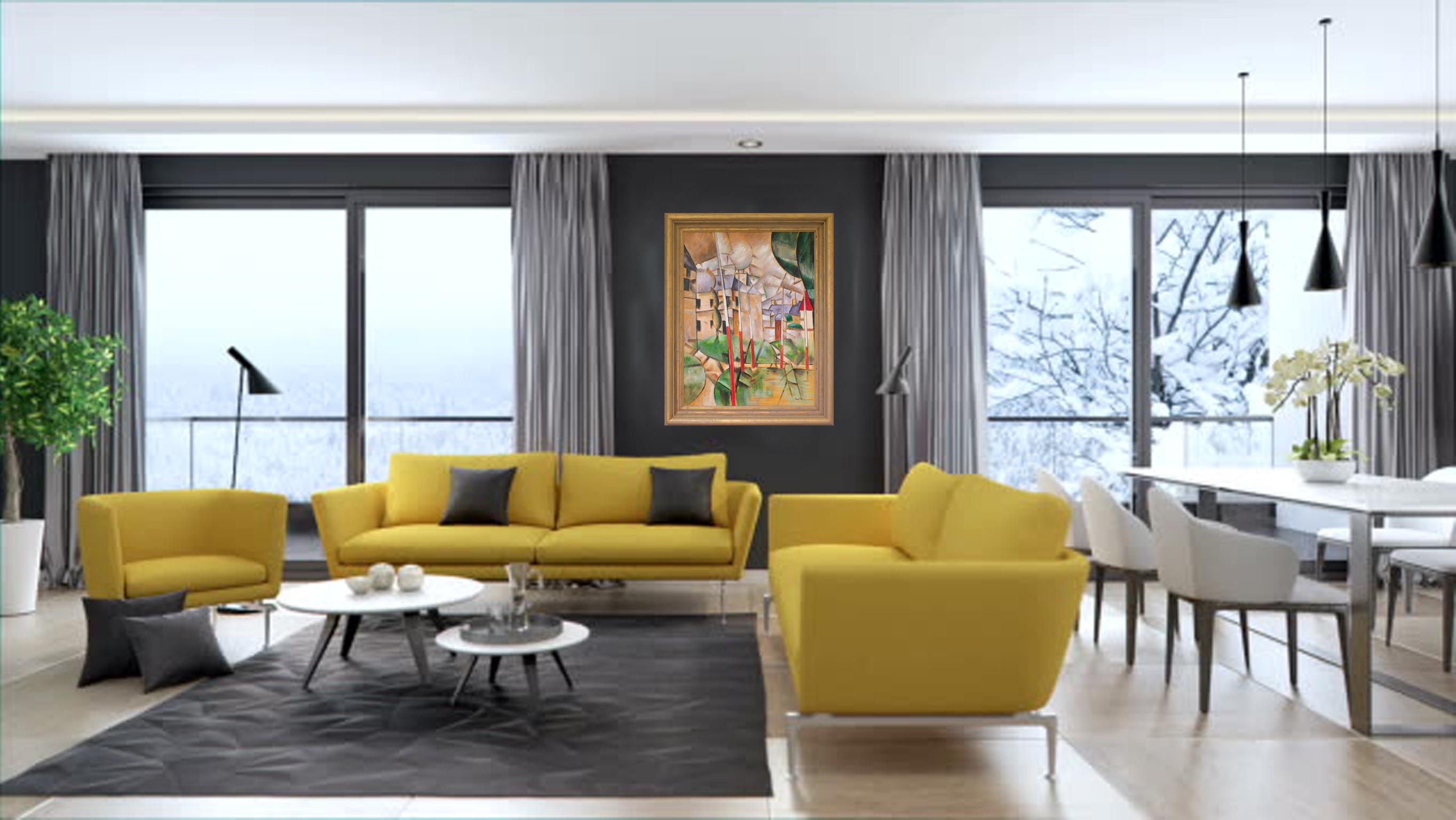 Paisaje urbano abstracto Pintura cubista al óleo sobre lienzo de E. Pullman en venta 2
