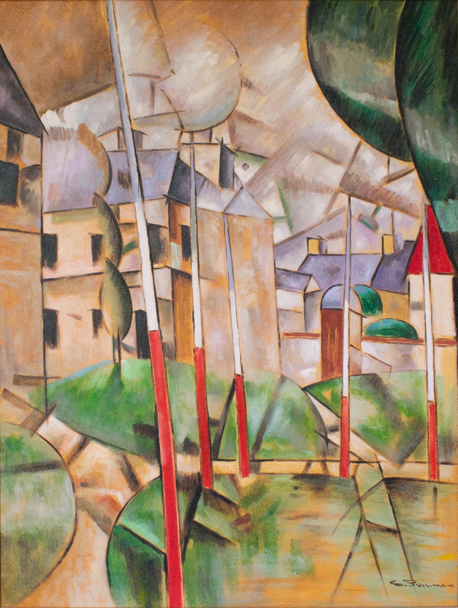 Abstract Cityscape Cubist Oil on Canvas Painting by E. Pullman For Sale 1