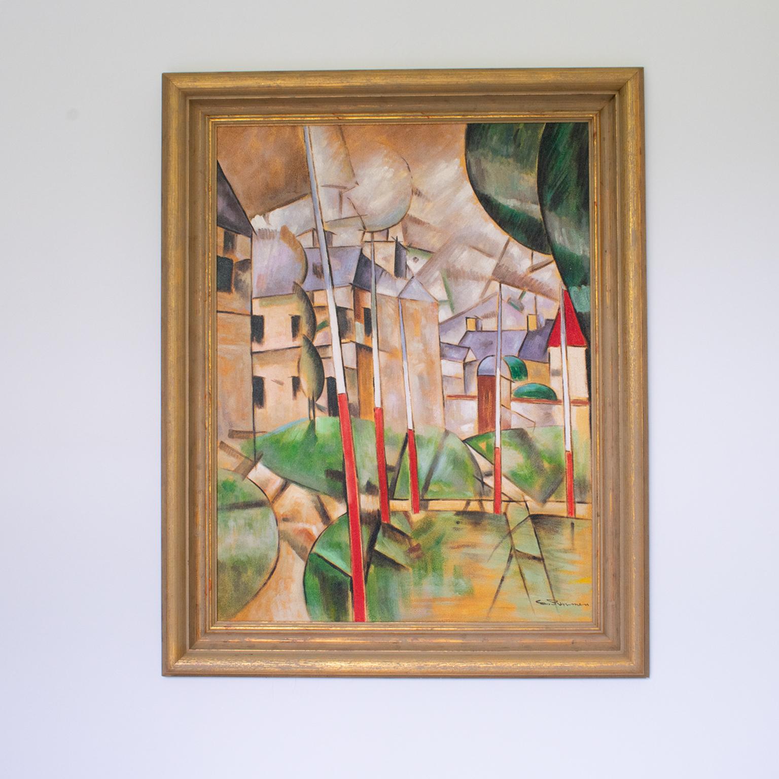 Paisaje urbano abstracto Pintura cubista al óleo sobre lienzo de E. Pullman en venta 6