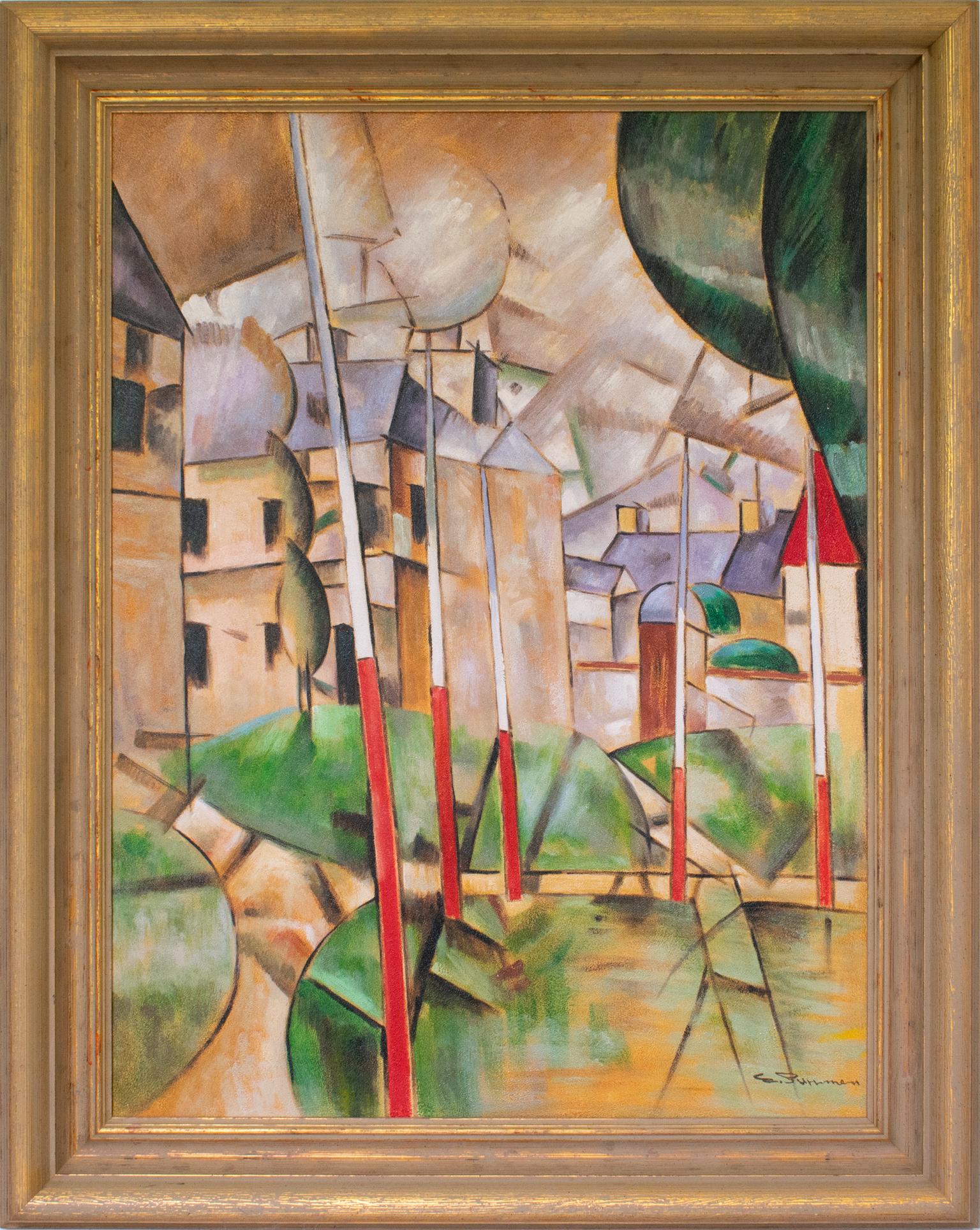 Abstrakte Stadtlandschaft Kubistisches Gemälde, Öl auf Leinwand, Gemälde von E. Pullman