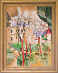 Paisaje urbano abstracto Pintura cubista al óleo sobre lienzo de E. Pullman